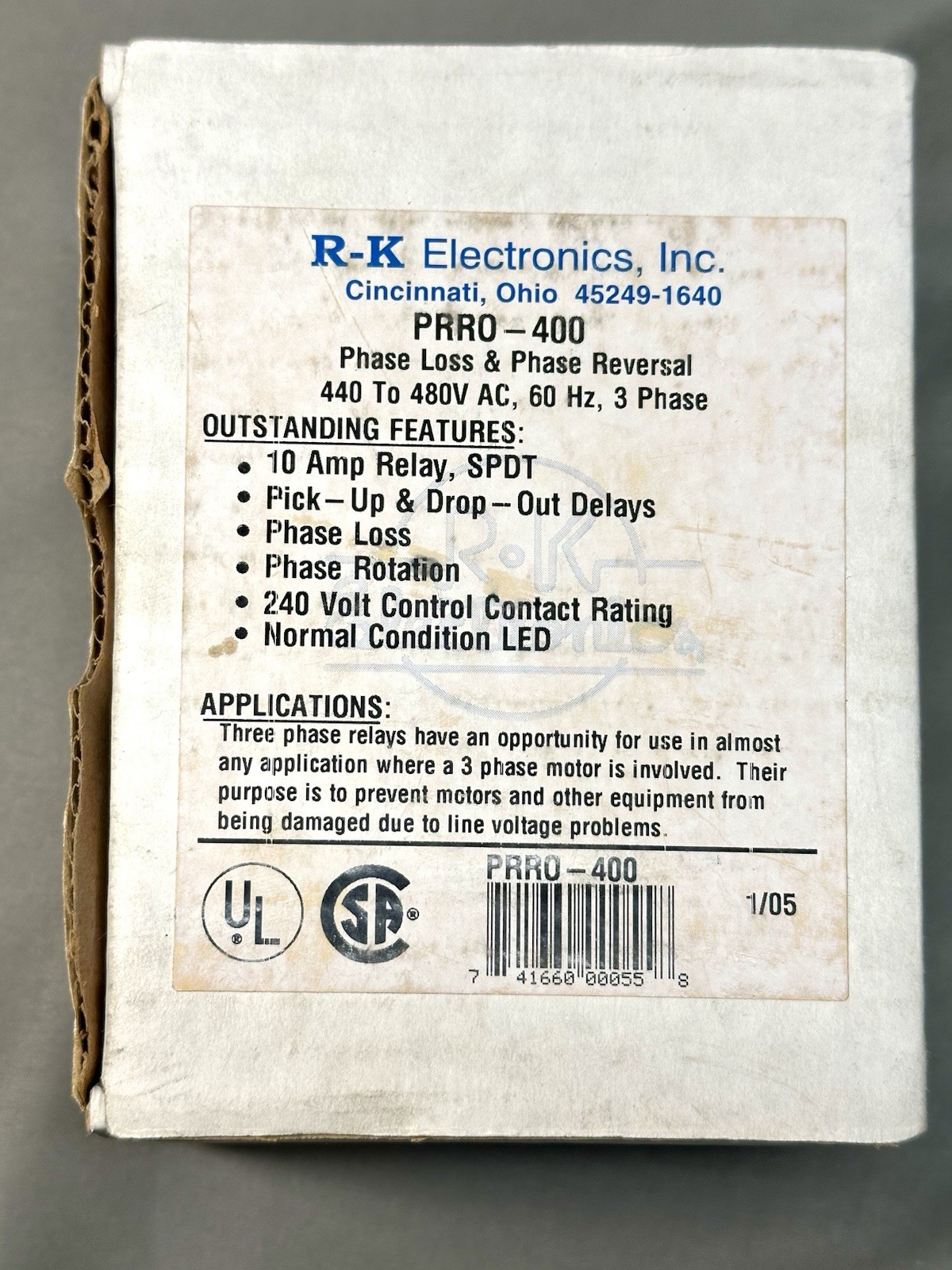 R-K ELECTRONICS PRRO-400 / PRRO400 New In Box Phase/Voltage Loss Relay