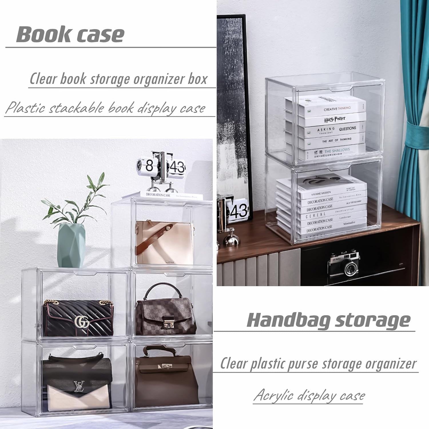 Clear Acrylic Display Case, Stackable Plastic Storage Bins with Magnetic Attract