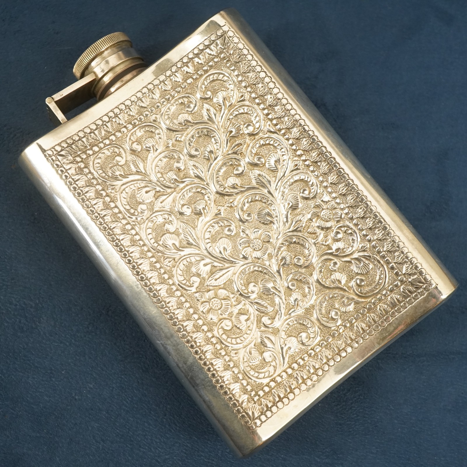Vintage Embossed Sterling Silver Hip Flask, 196.8g - Free Shipping USA