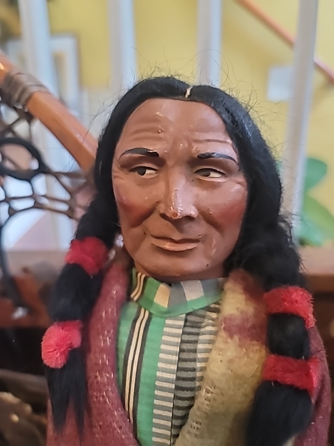 Antique Skookum Doll Early Paint Face Wool Straw Stuffed Mohair Wood Legs 15 1/2