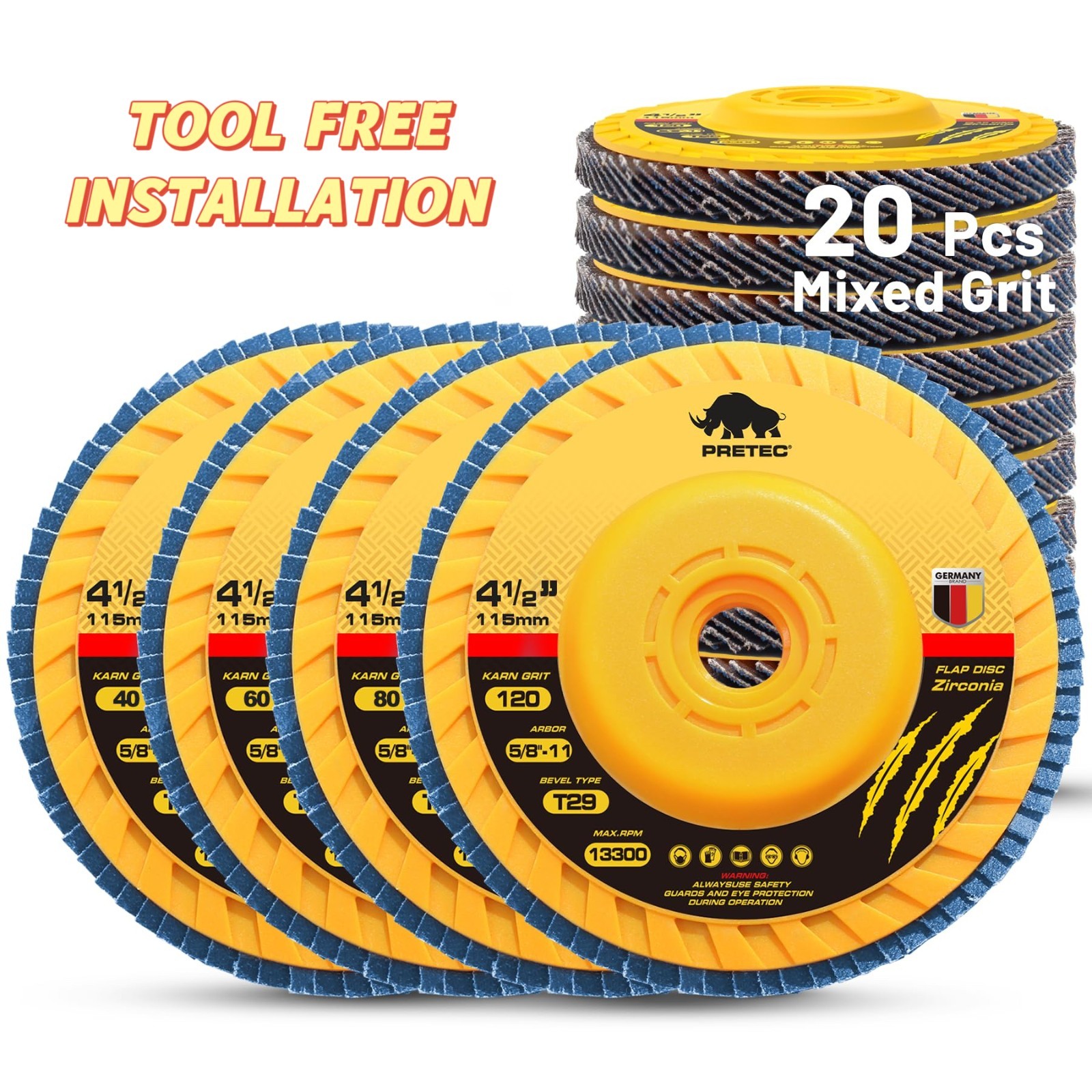 20PACK 4-1/2" Flap Disc 40/60/80/120 Grit Tool-Free 5/8-11" Zirconia Grinder T29