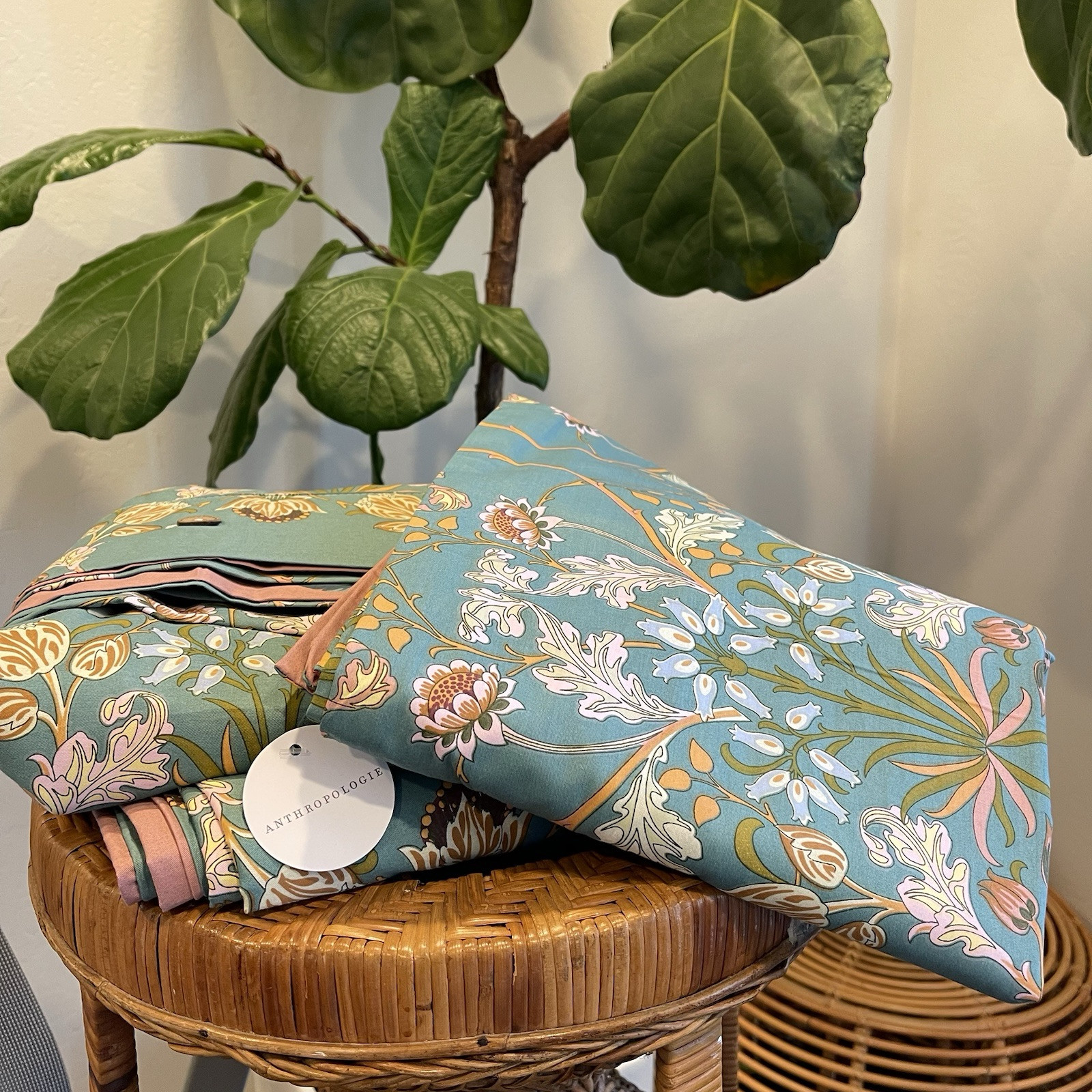 NEW Anthro Green Pink Reversible Floral King Boho Duvet Bedding Sham Case Set