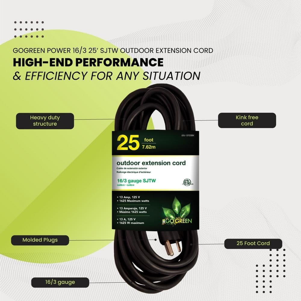 GoGreen Power 25 ft. 16/3 Heavy Duty Extension Cord - Black