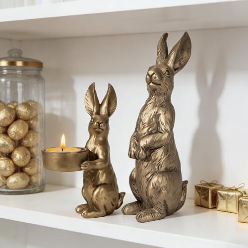 Golden Easter Bunny Figurines Set of 2, Gilded Resin set of 2 Gold Bunny