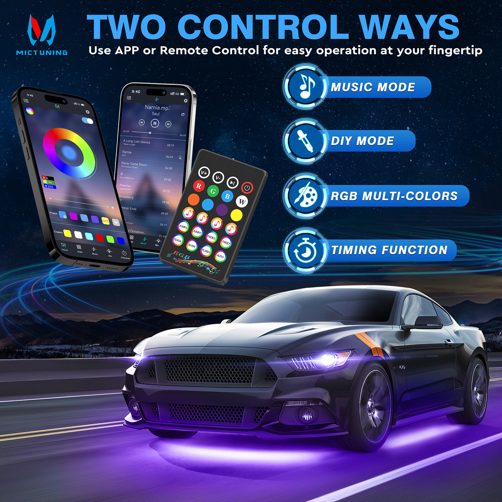 MICTUNING RGB LED Strip Under Car Tube Underglow Underbody System Neon Light Kit