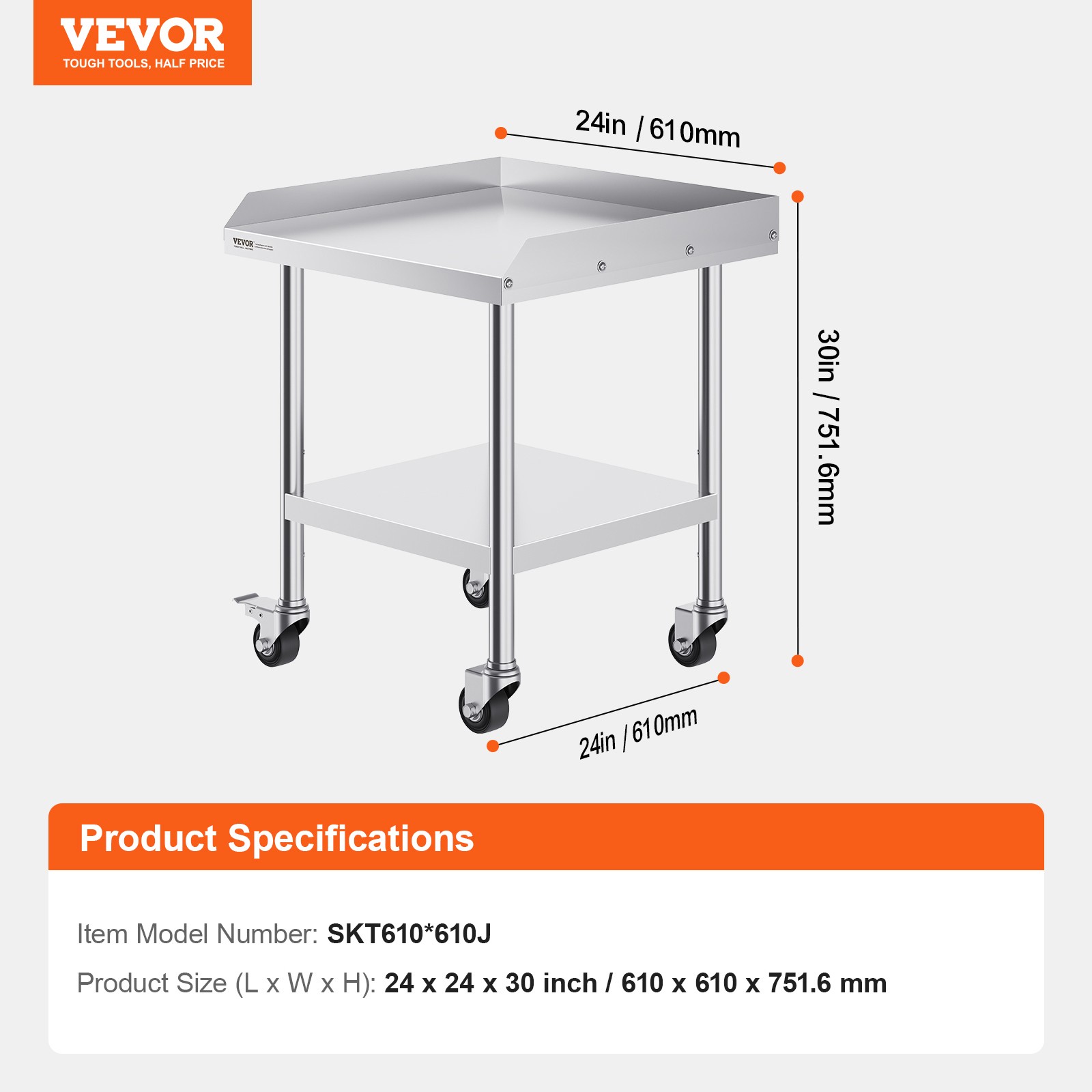 VEVOR Stainless Steel Work Table 24"x24" Commercial Food Prep Table W/ 4 Casters