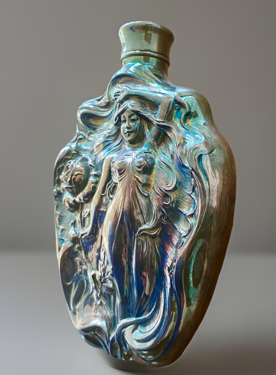 Art Nouveau Spirit Flask Victor Silver Co Nymph Relief Iridescent Barware Superb
