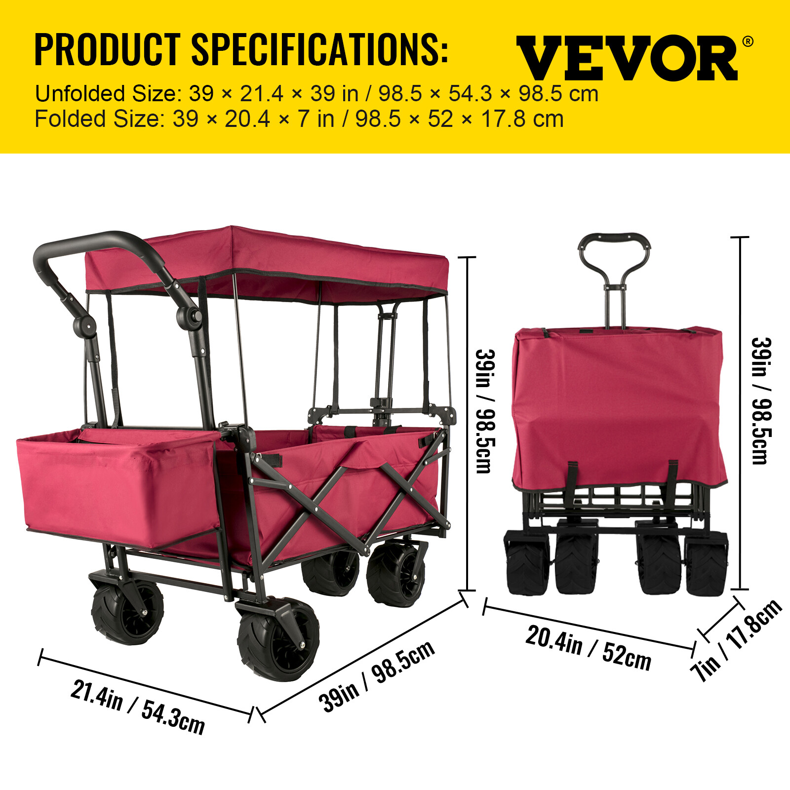 VEVOR Folding Wagon Cart Collapsible Garden Cart w/Canopy 220lbs Capacity Beach