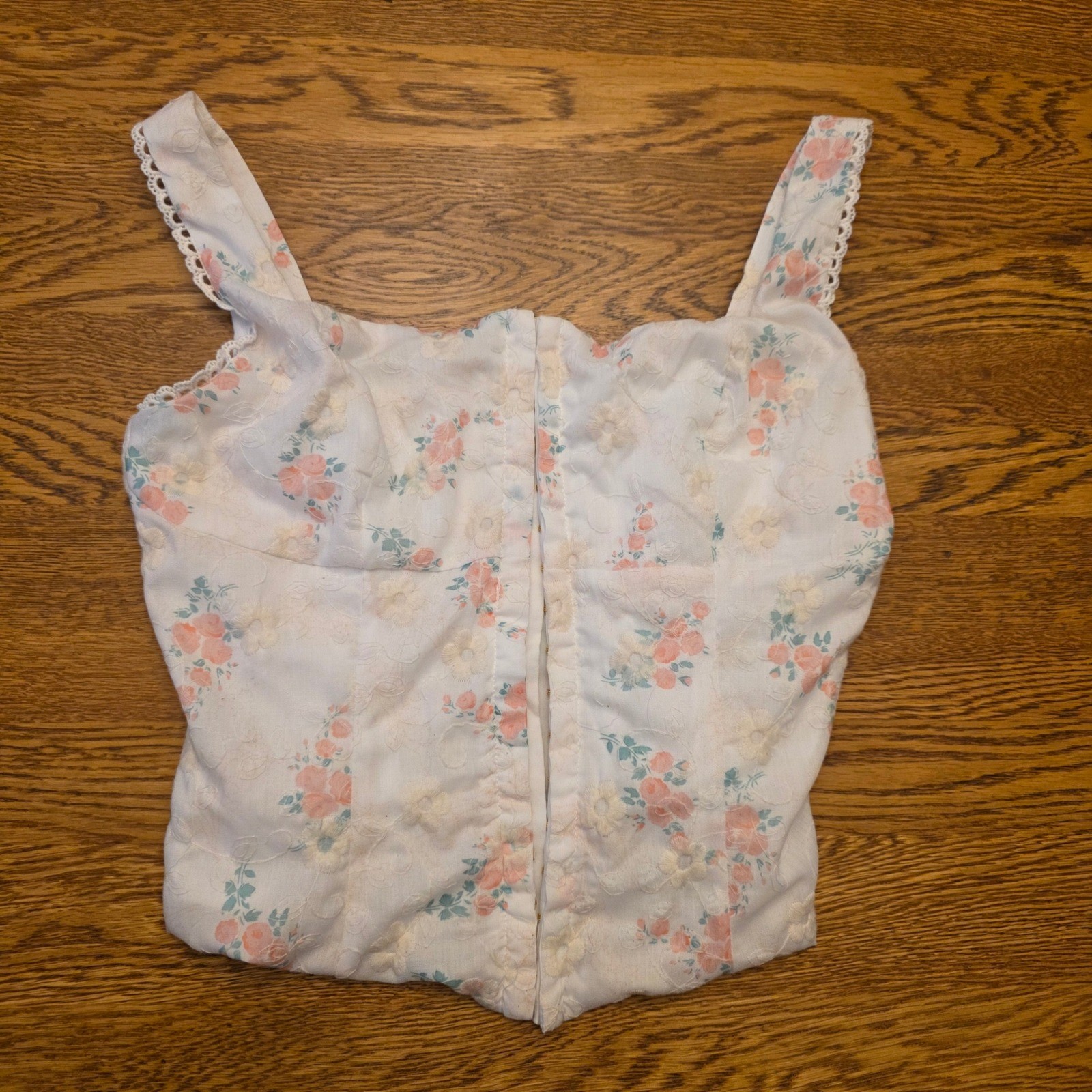 Altar'd State Corset Crop Top Floral Print White Pink Girlhood Core Lace Trim XS