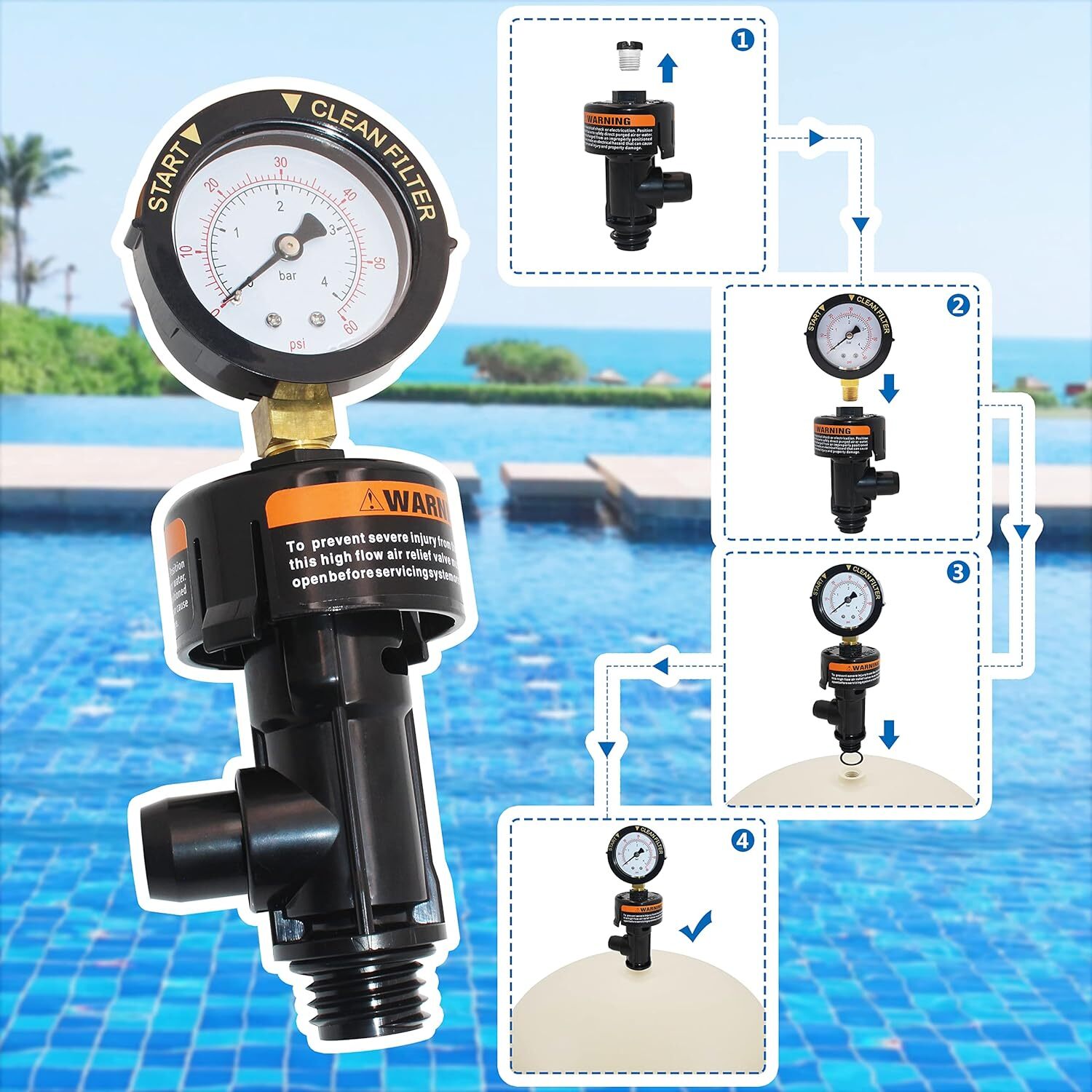 98209800 Air Relief Valve w/Pressure Gauge For Pentair Pool Spa Filter FNS PLUS