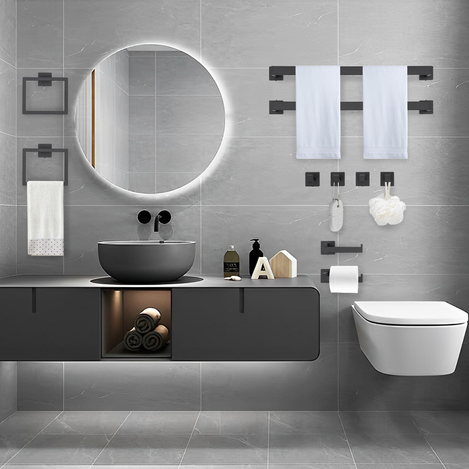 10-piece Matte Black Bathroom Accessories Set Wall Mounted Bathroom Towel Bars