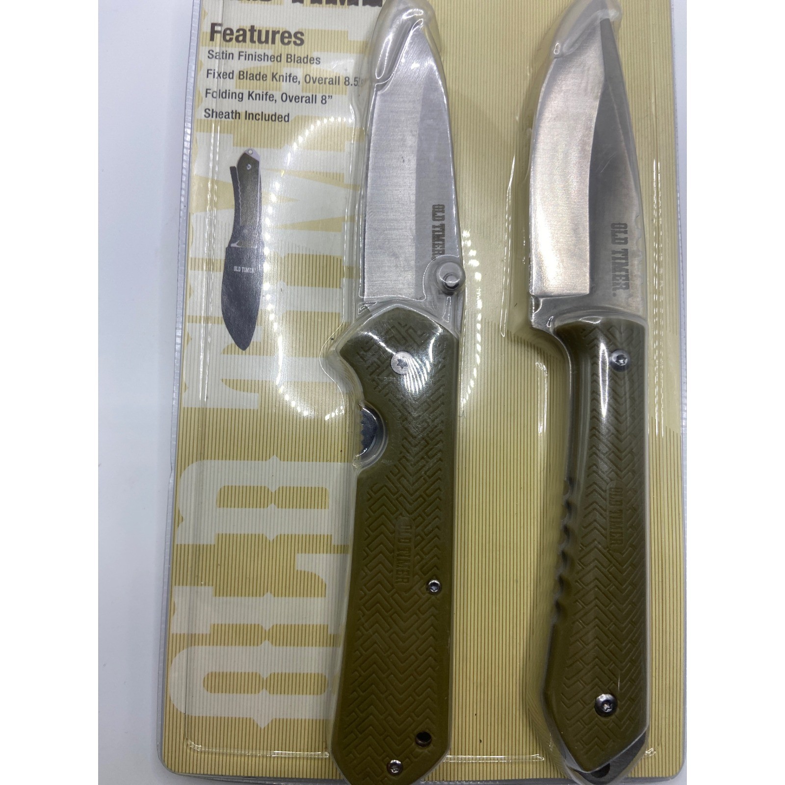 Old Timer Fixed Blade and Folding Knife Set with Sheath Satin Finished Blades