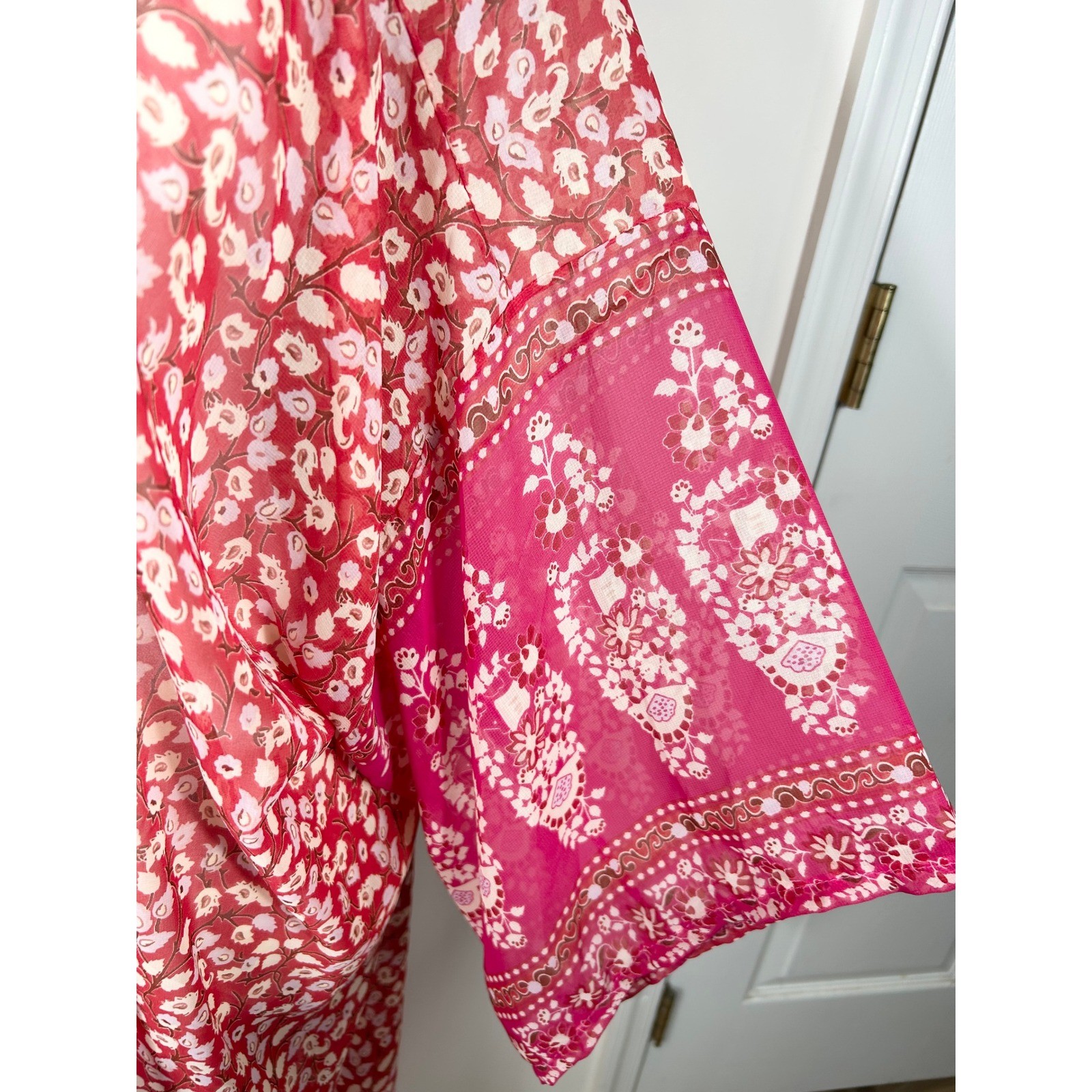 Pink Floral Long Duster Kimono Open Front Beach Cover Up OS BOHO Semi Sheer