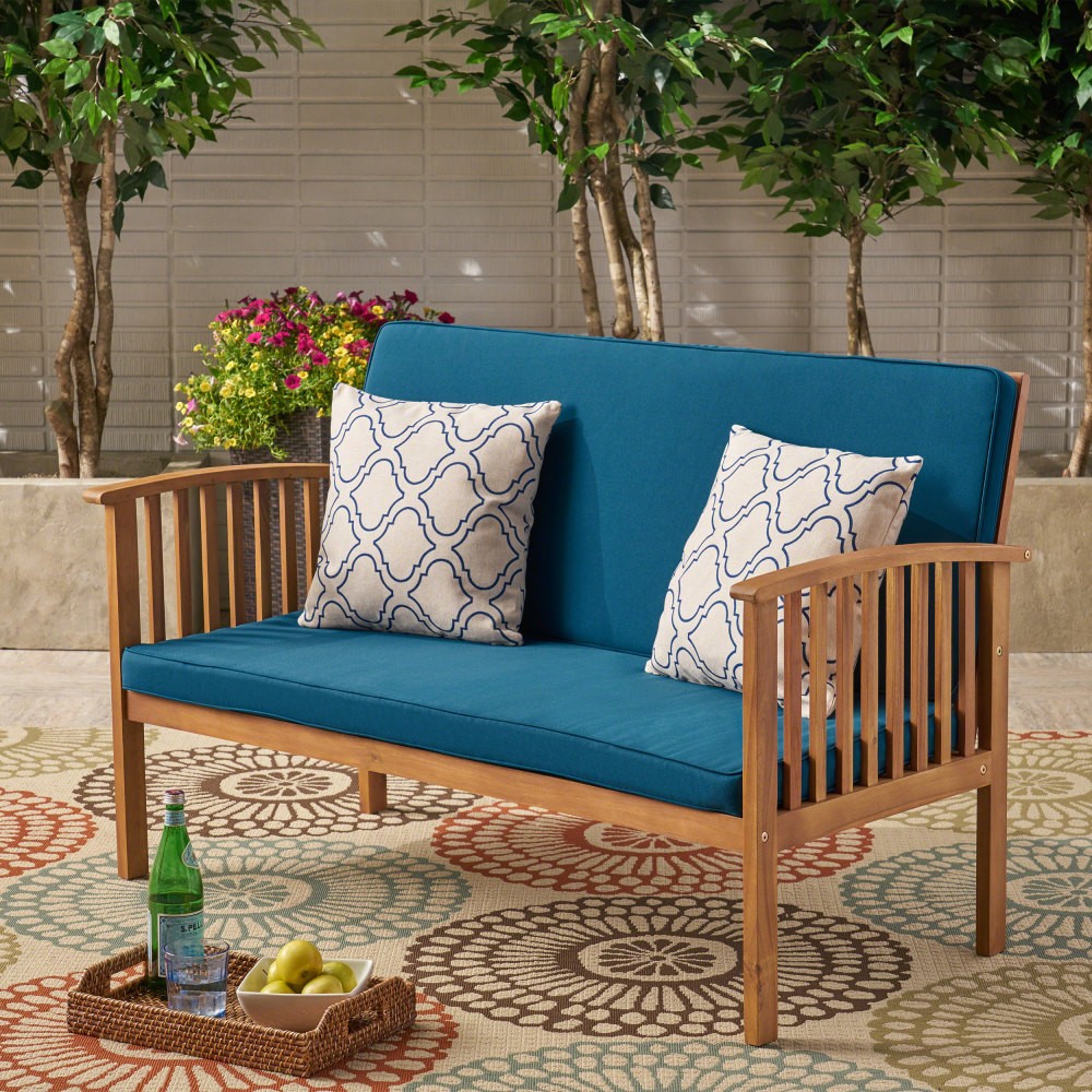 Outdoor Waterproof Loveseat with Acacia Wood Frame in Cream