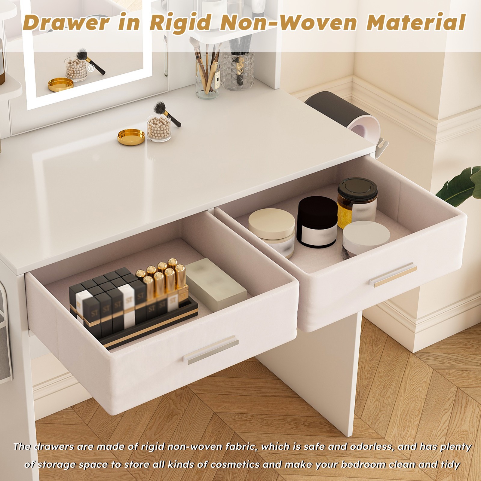 LED Mirror Vanity Dressing Table w/ Lights, 2 Large Drawers & Hair Dryer Stand