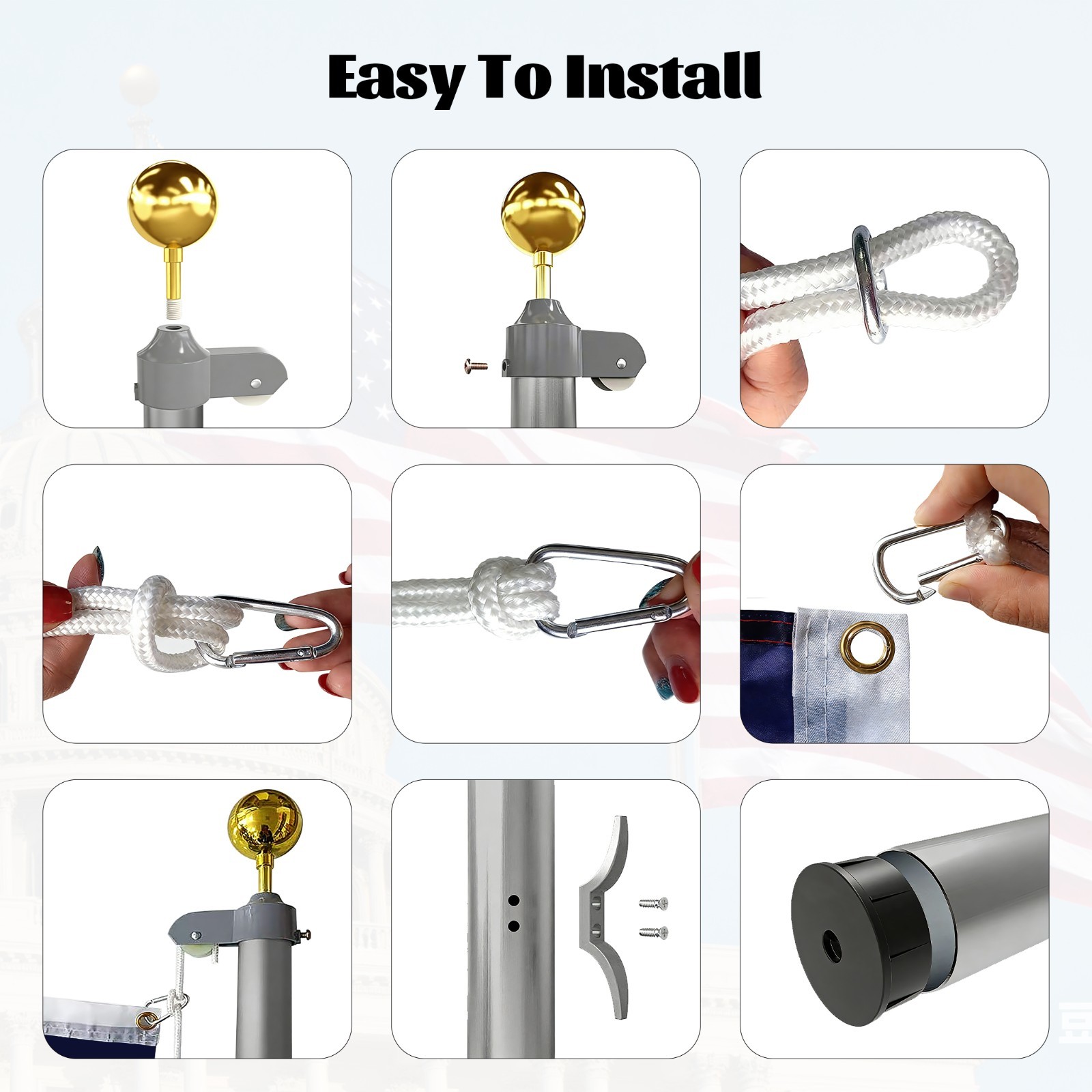 20 ft Aluminum Flag Pole Sectional Flagpole Kit Heavy Duty 3'x5' US Flag, Silver