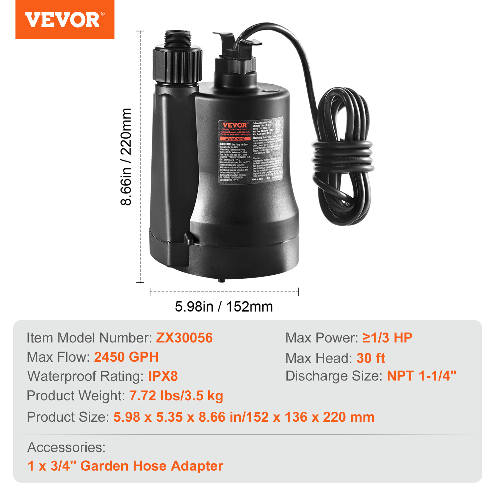 VEVOR Submersible Utility Pump Sump Pump 1/3 HP 2450 GPH 30 ft Head Water Pump
