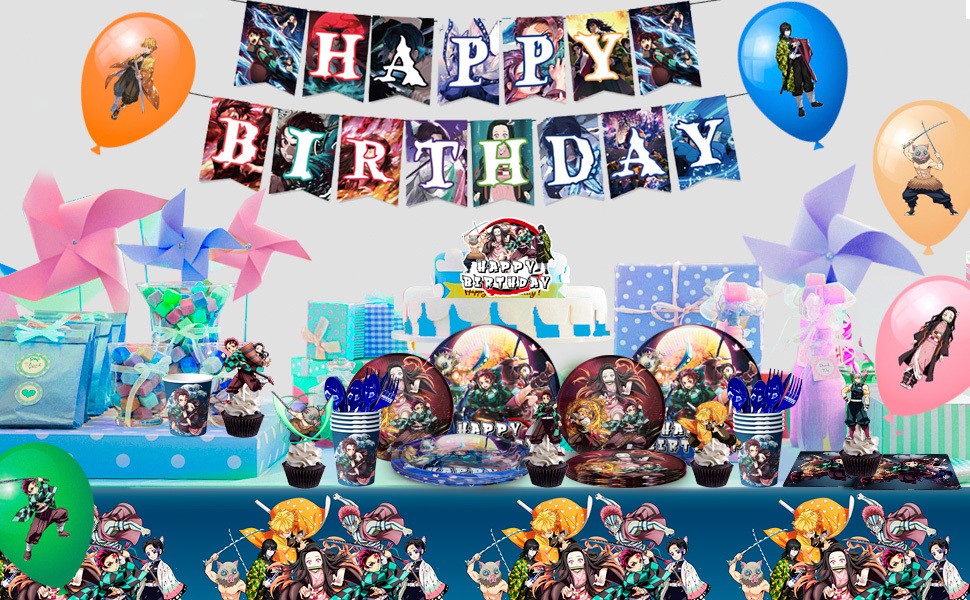 112 Pcs Anime Demon Slayer Party Decoration Demon Slayer Birthday Balloon Plates