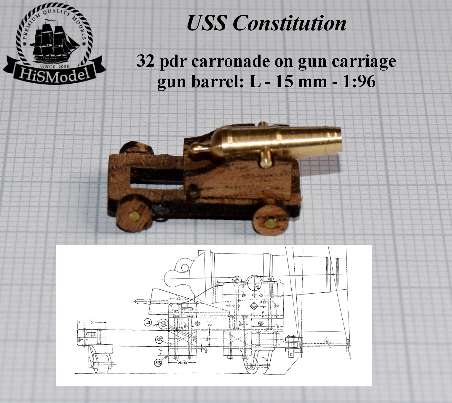 Revell USS Constitution, United States 1:96 - complete set of 53 brass cannons