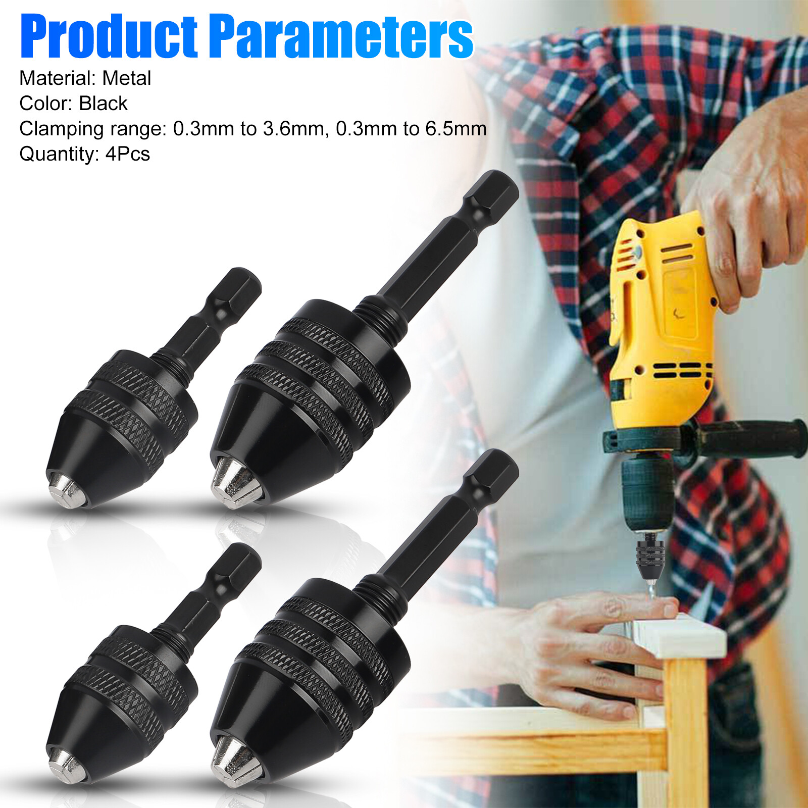 4Pcs 1/4"Hex Shank Keyless Drill Chuck Adapter Bit Quick Change Converter Driver