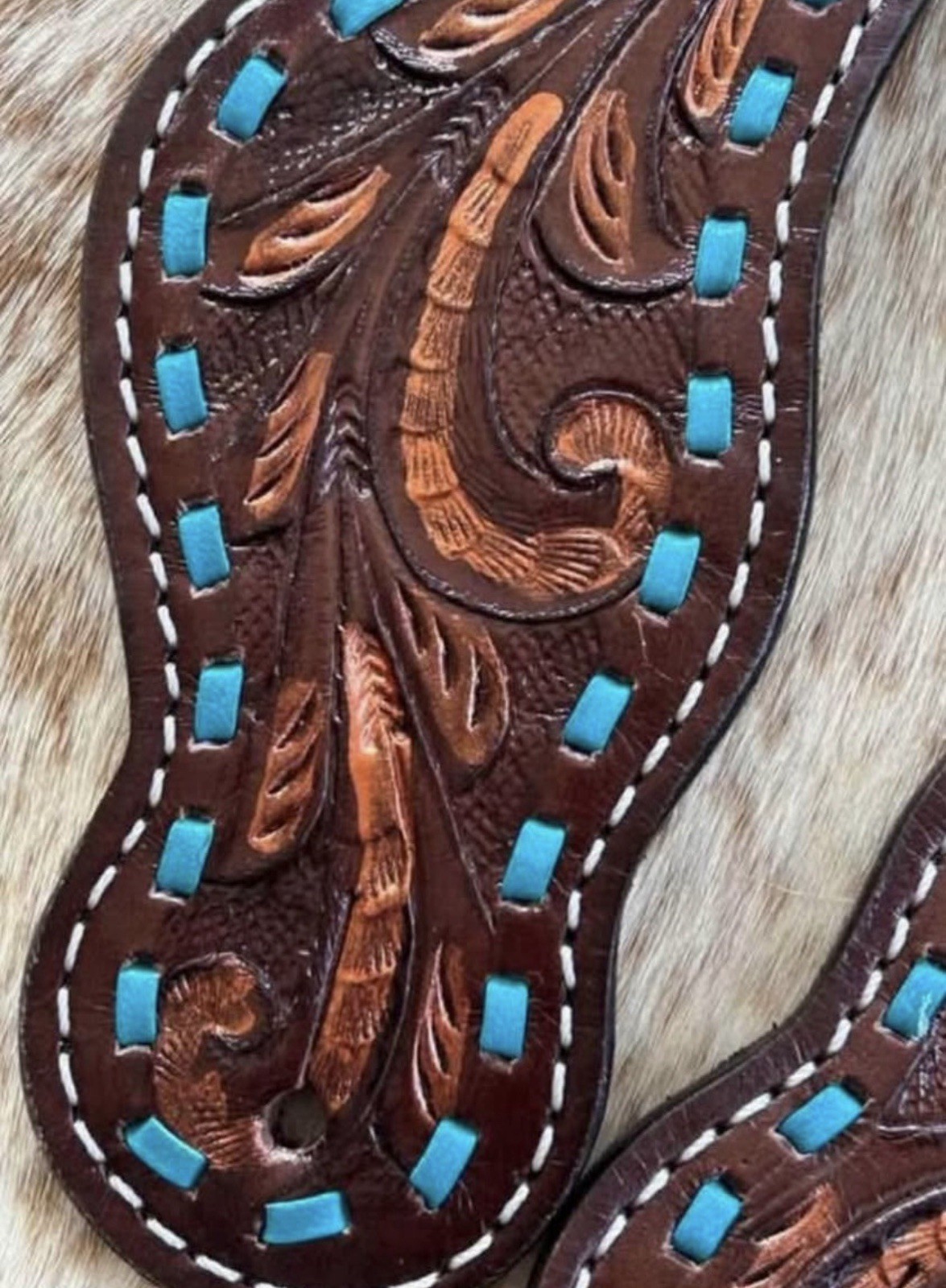 Ladies Size Pair Leather Teal Buckstitch Western Spur Straps