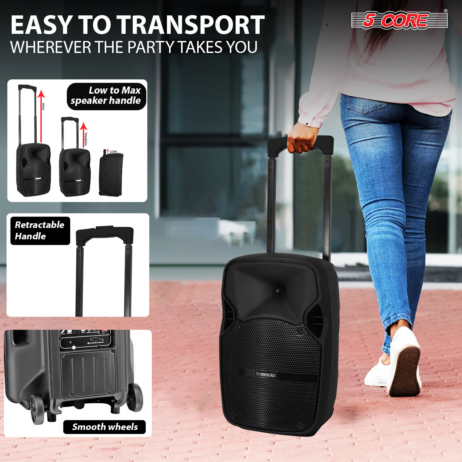 5Core 8 Inch Portable PA System 500W Bluetooth Party Speaker + 2 Wireless Mic