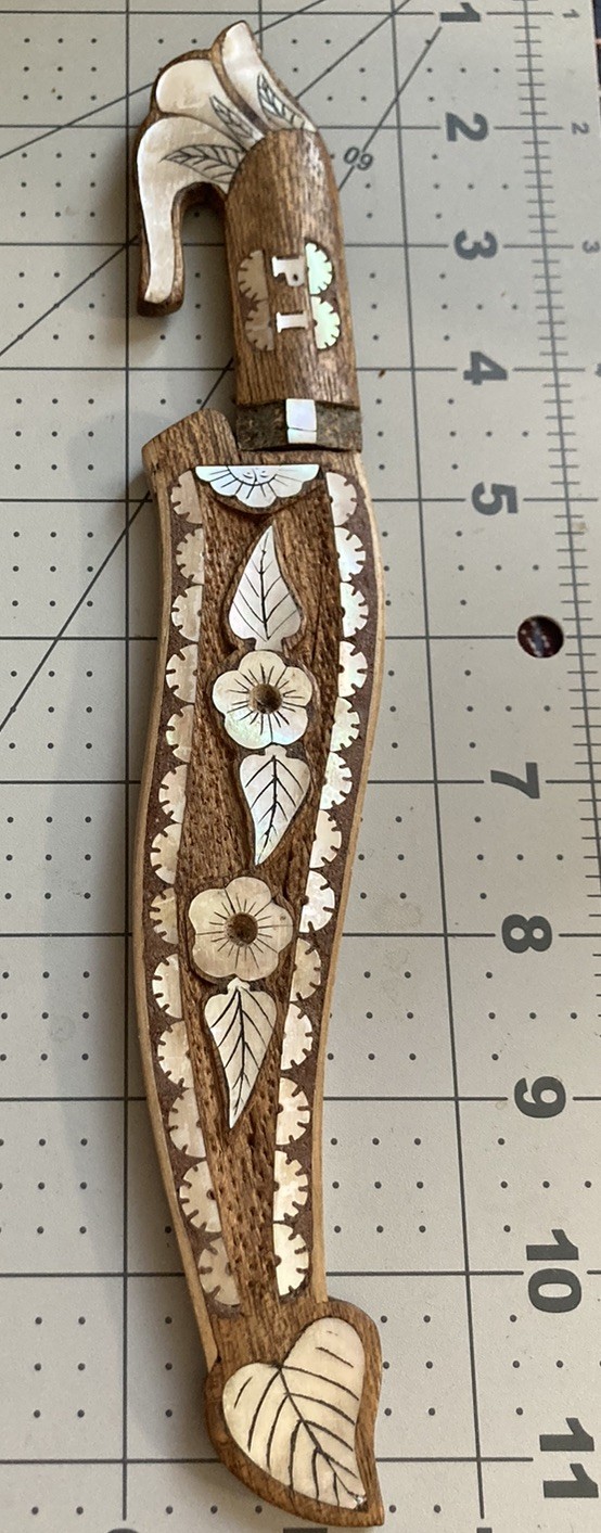 Vintage Philippines Bolo Knife with Sheath Scabbard Used Carved Wood