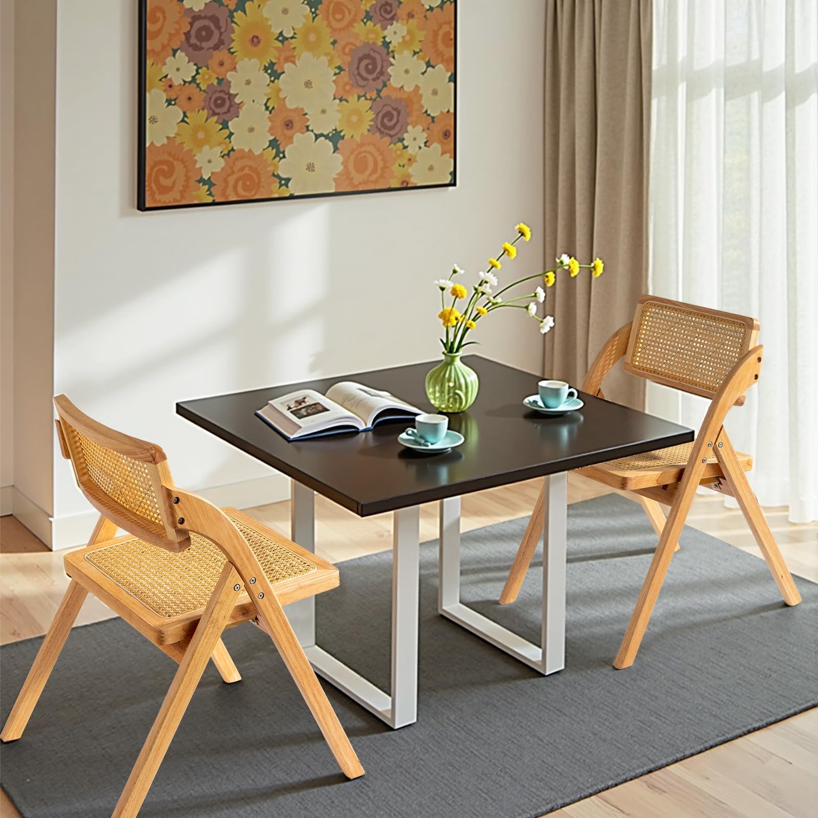 Wooden Rattan Folding Chairs 2 Pack, Portable Folding Chairs for Indoor