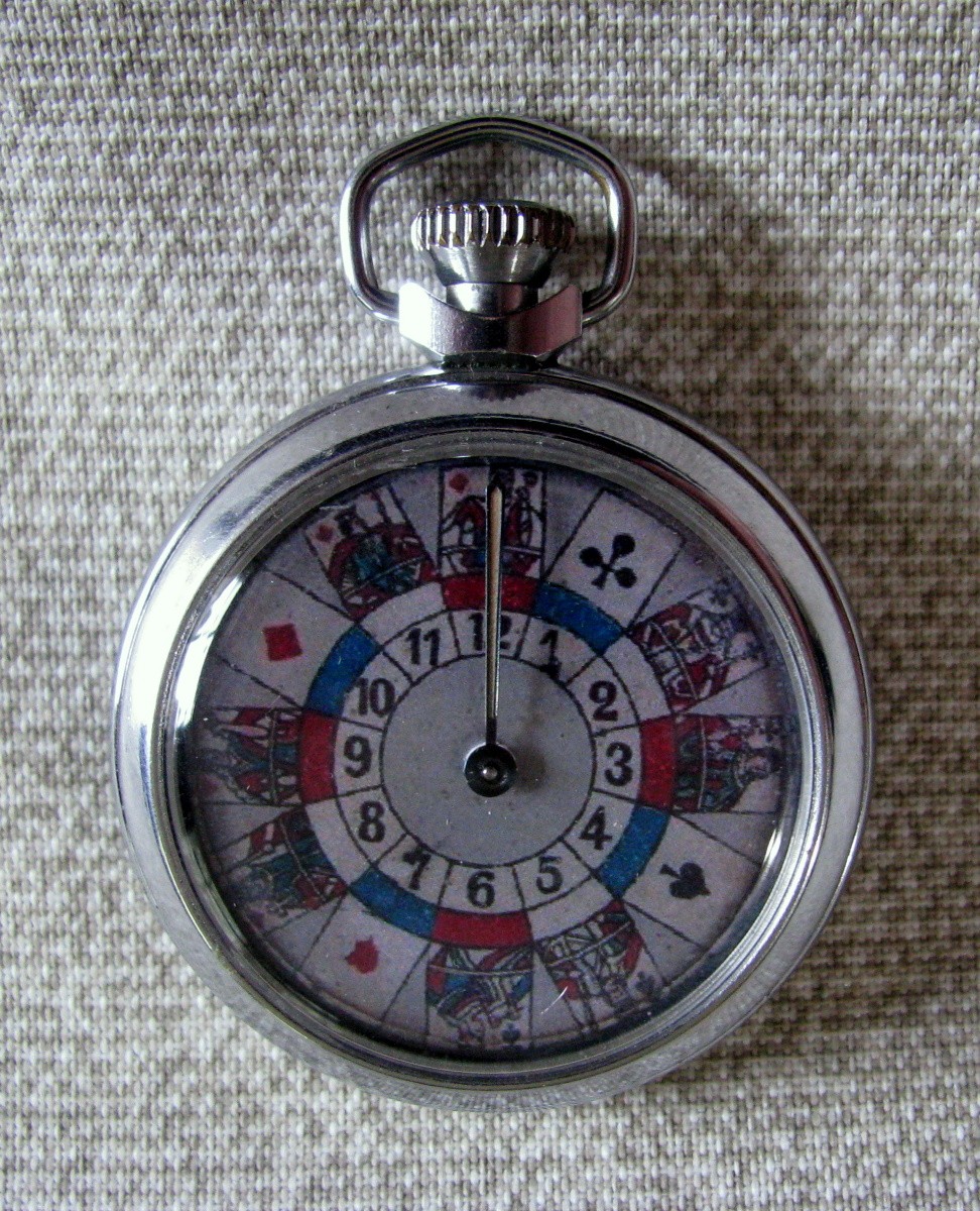FINE VINTAGE POCKET WATCH ROULETTE CARD SUITS MECHANICAL GAMBLING DEVICE