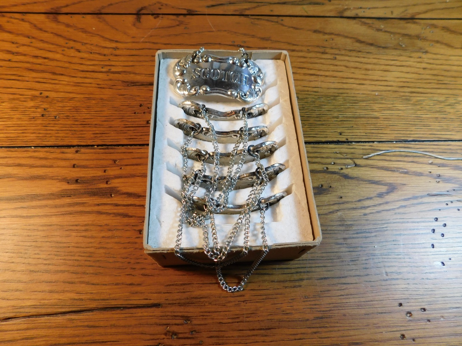 Vintage Set of 6 Liquor Bottle Decanter Label Tags Silver-plated Japan 1967-76