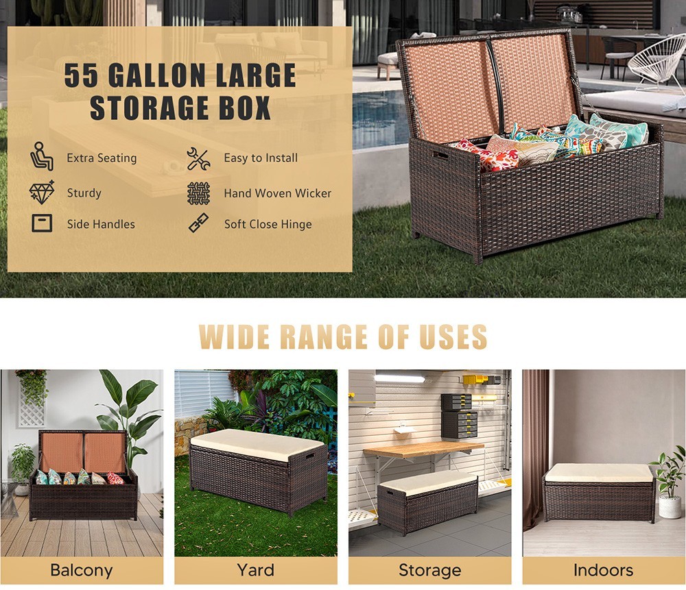 WICKER DECK OUTDOOR STORAGE BOX RATTAN BENCH HAND-WOVEN WITH CUSHION 55 GALLON