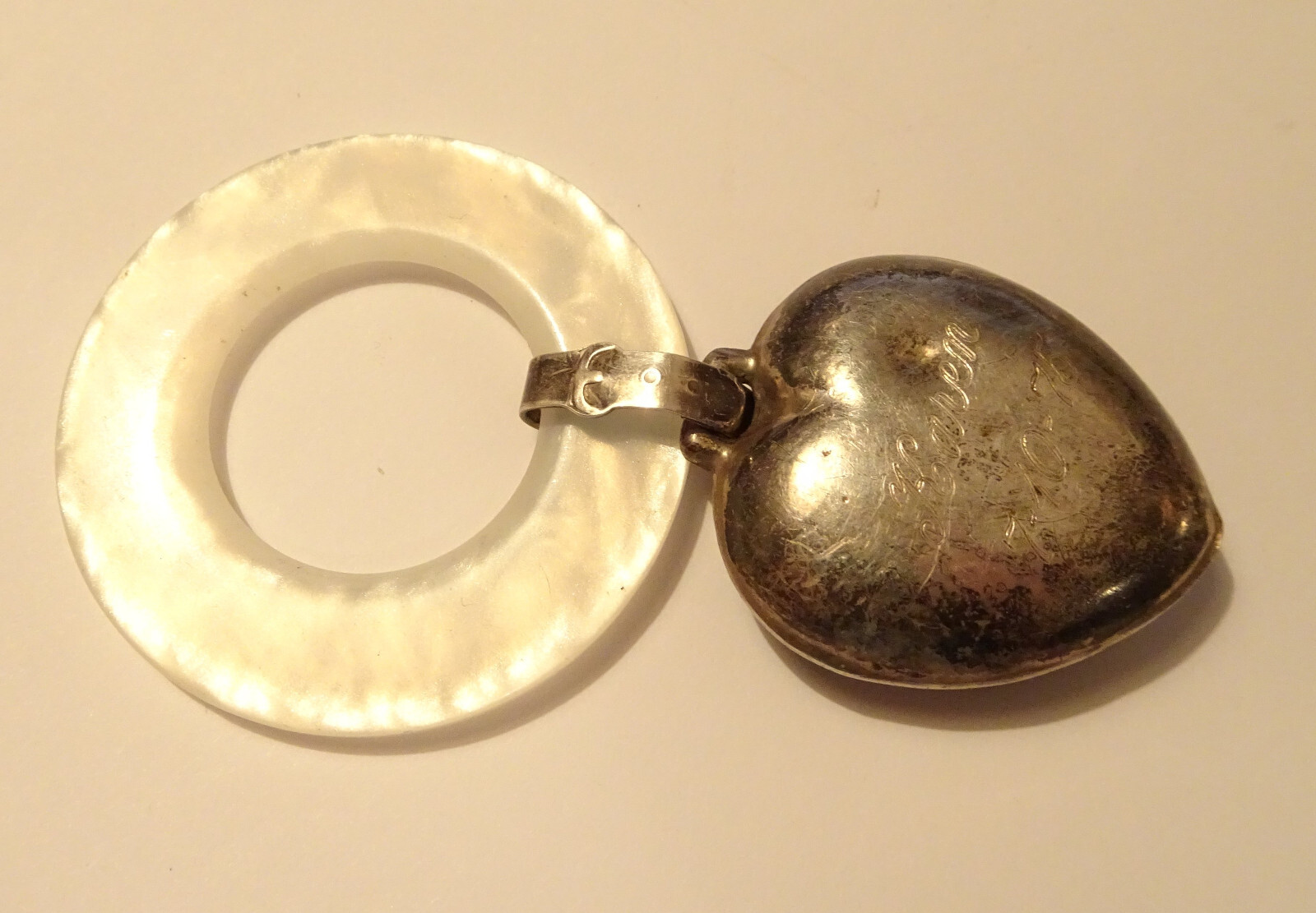 Sterling Silver Baby Rattle Teething Ring Puff Heart Antique Webster