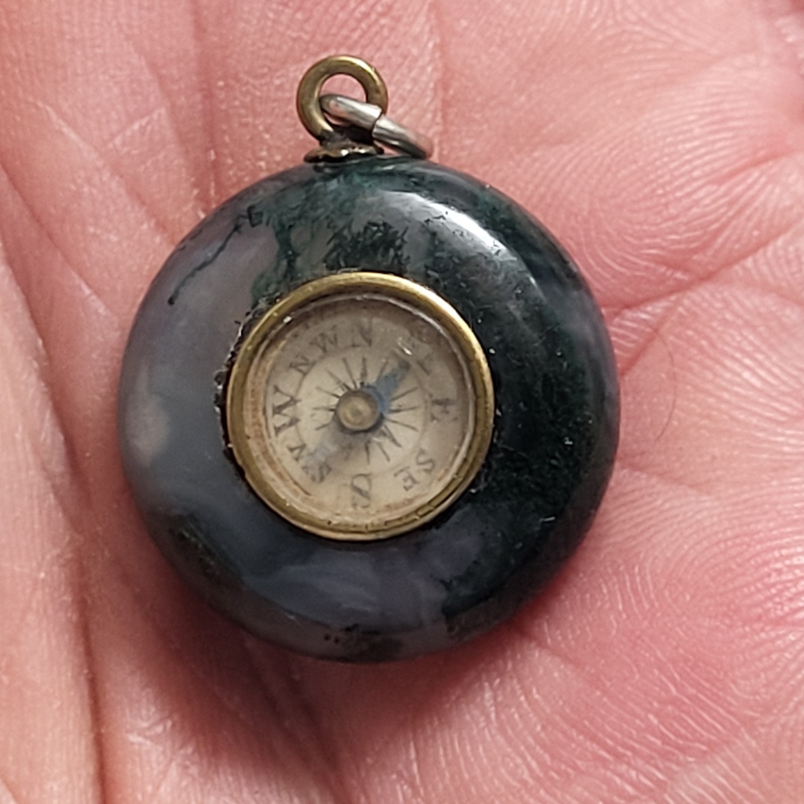 Antique Pocket Watch Fob Green Moss Agate W Compass Victorian Era