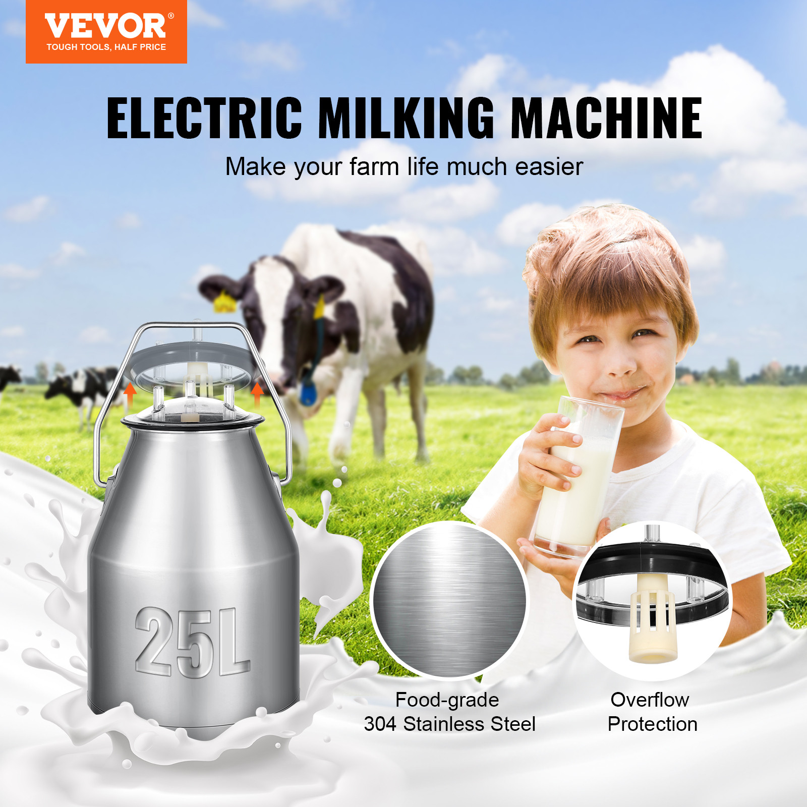 VEVOR Electric Cow Milking Machine Milking Equipment 25L 304 Stainless Steel