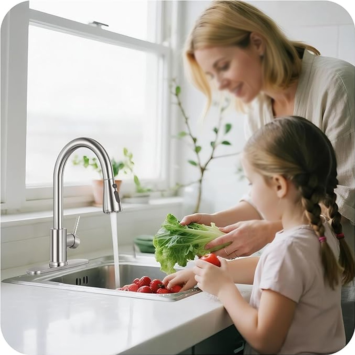 Kitchen Sink Faucet Brushed Nickel Single Handle Swivel Pull Down Sprayer Mixer