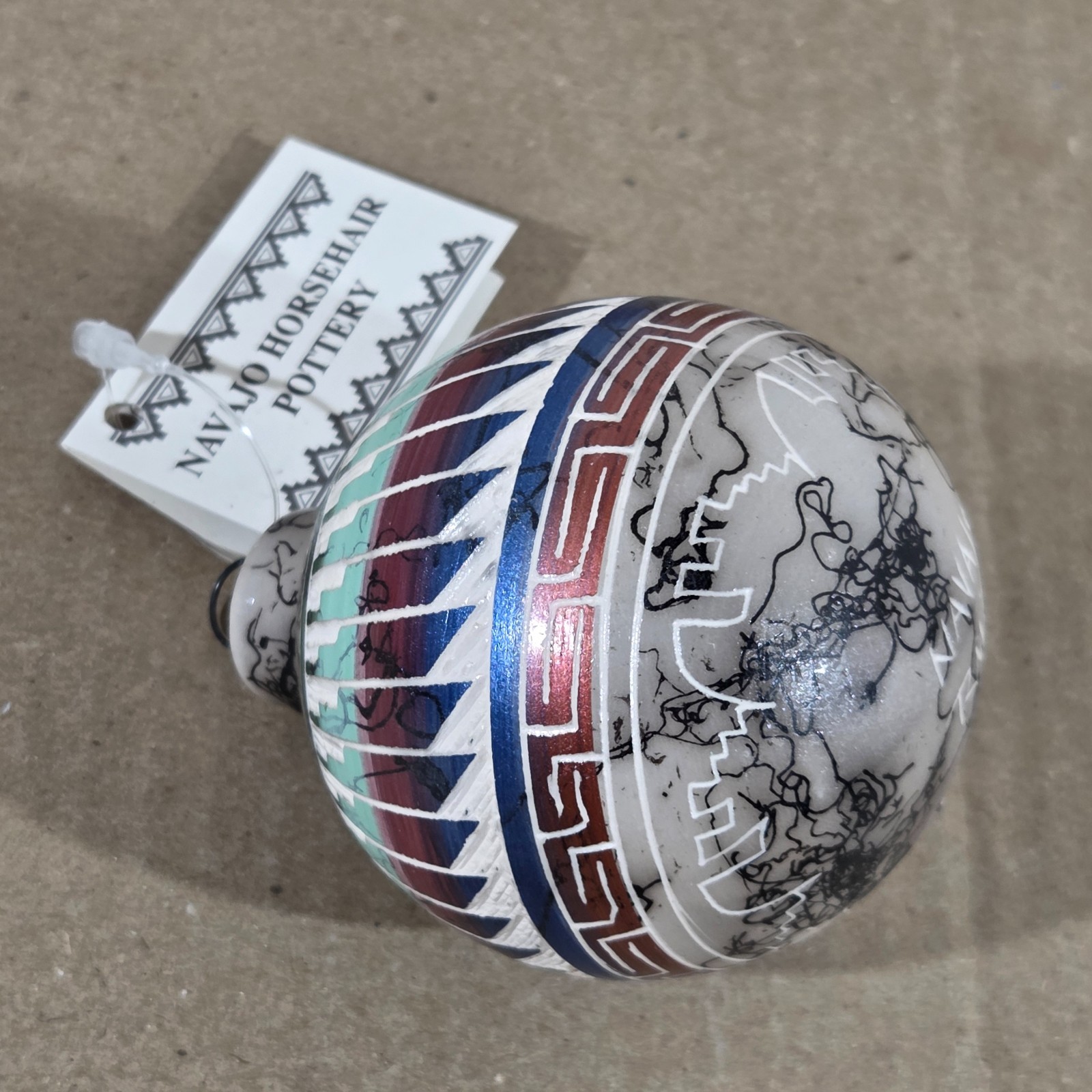 Navajo Christmas Ornament Handcrafted Horsehair Pottery Signed By Artist