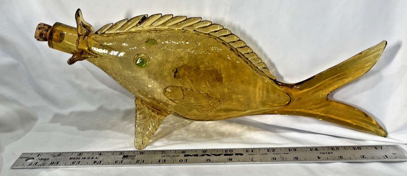 Vintage Amber Green Murano Crackle Glass Fish Decanter