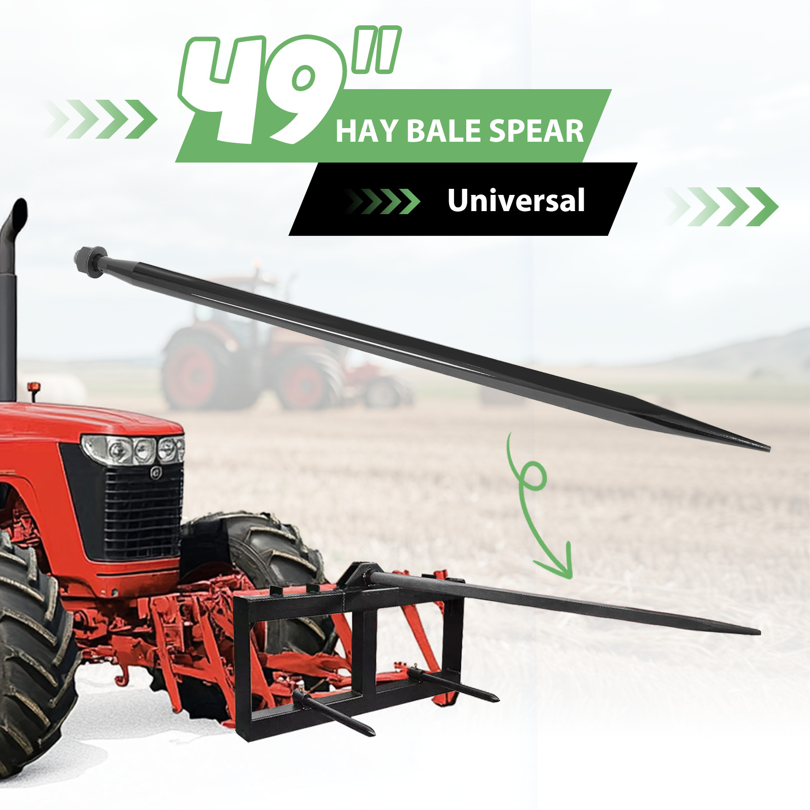 49in Red/Black Hay Bale Spear Quick Attach for Tractors, New