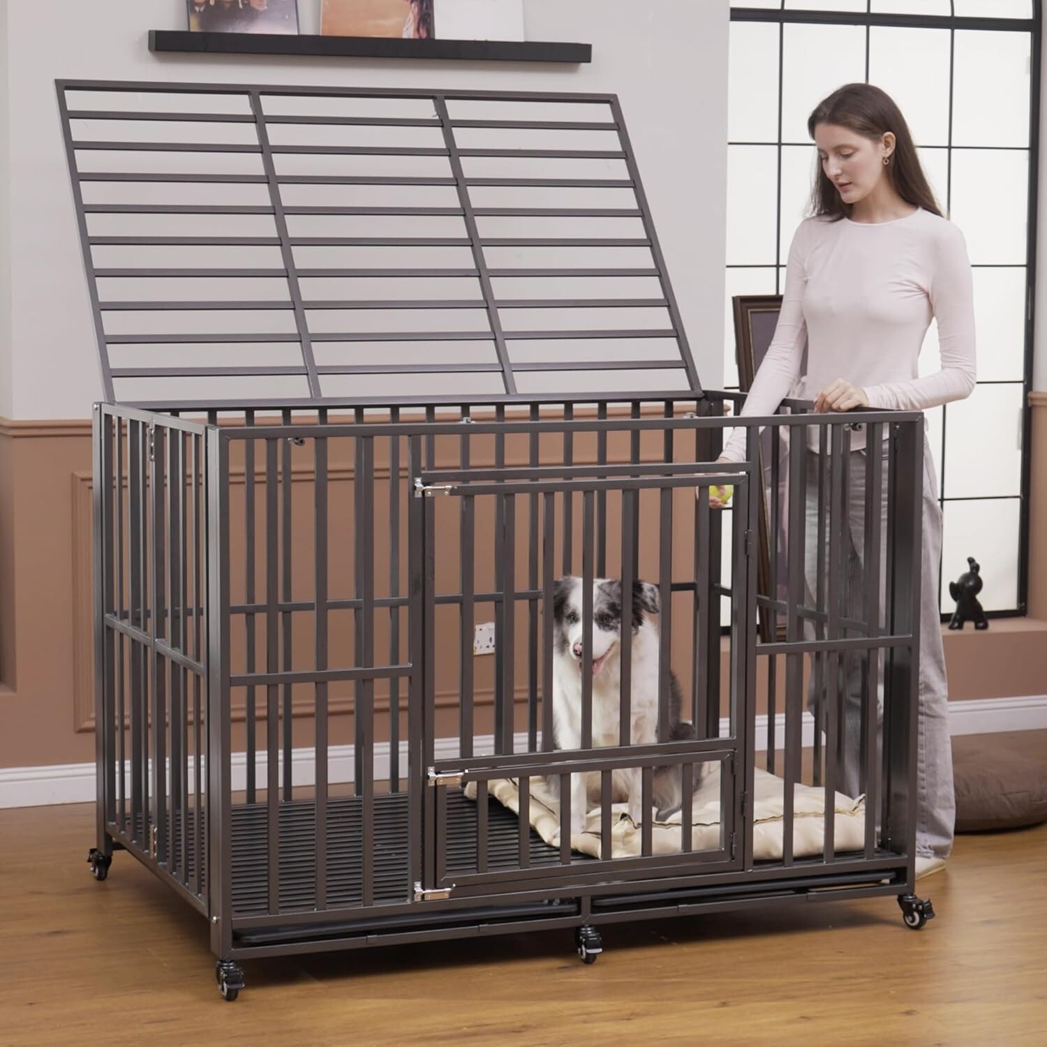 38/43/60 inch Heavy Duty Dog Crate,Folding Dog Kennel No Assembly Indoor