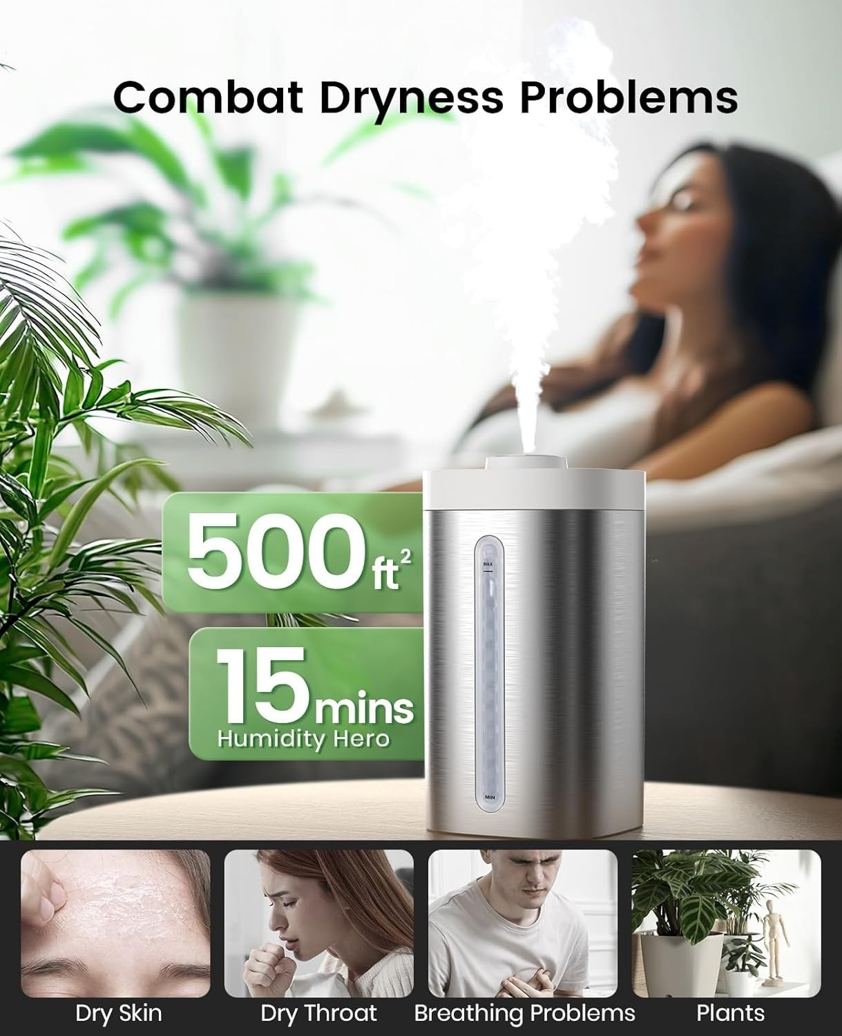 3.5L Ultrasonic Cool Mist Humidifier Stainless Steel, Dishwasher Safe, Quiet Bed