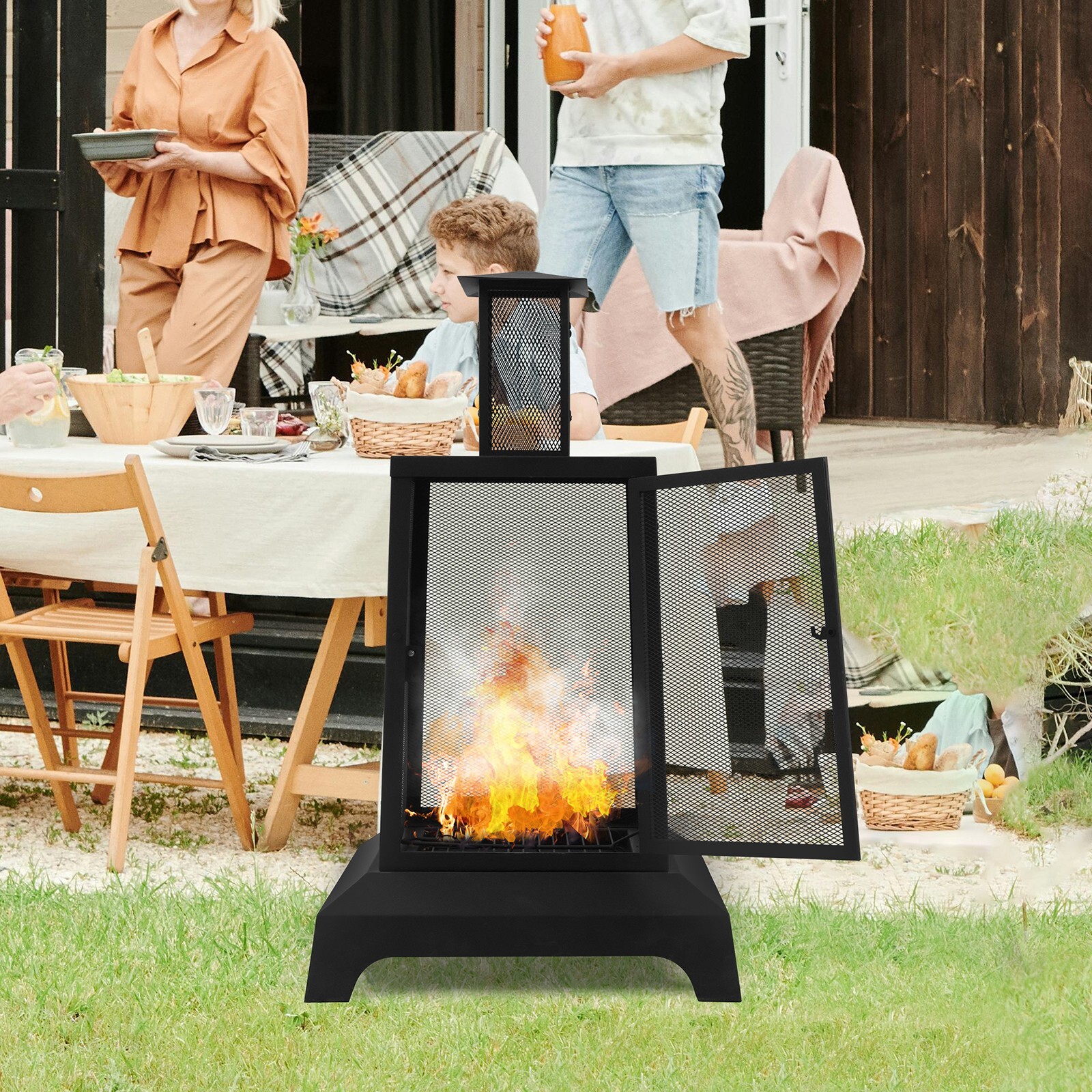 43'' High Fire Pit Outdoor Wood Burning Firepit Chimineas Fire Bowl w/Mesh Spark