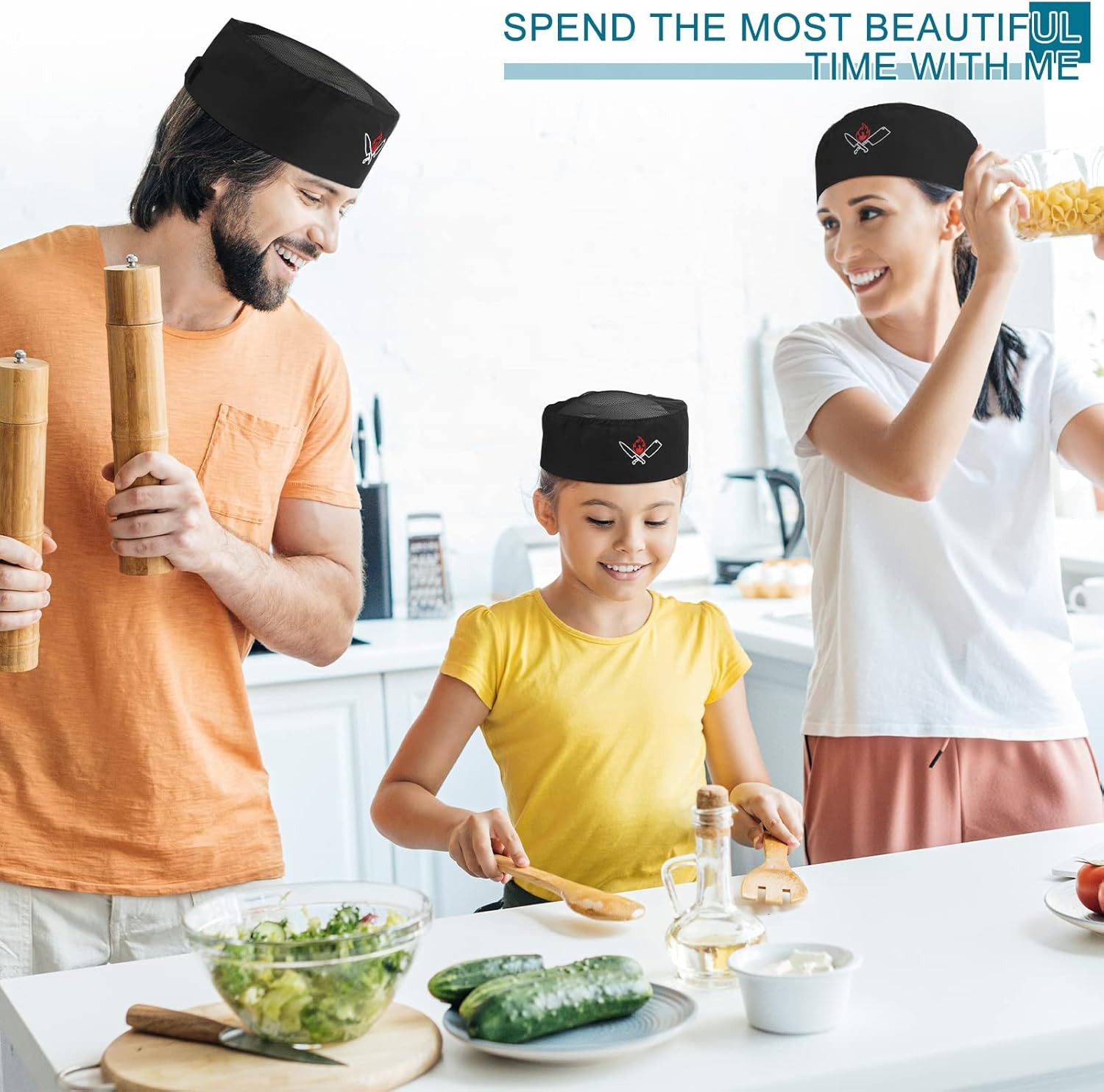 6-Pack Unisex Chef Hats Adult Black Elastic Baker Skull Caps