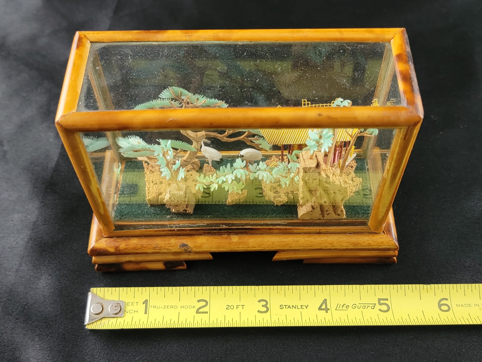 3D Carved Sculpture China Japan Pagoda Bonsai Tree Storks Cranes Vintage