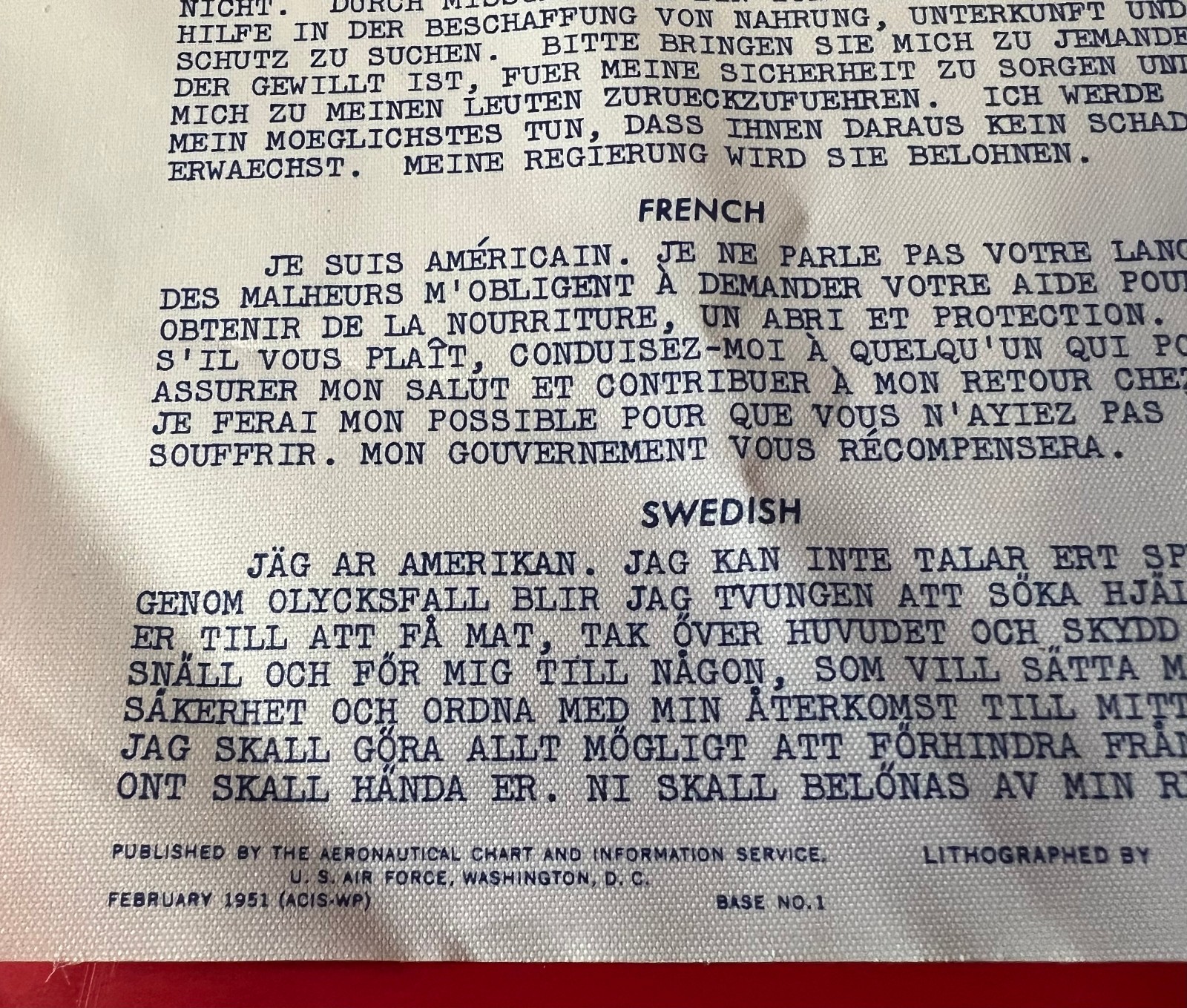 USAF/USN SURVIVAL BLOOD CHIT EUROPEAN XM-51-1 13 LANGUAGE