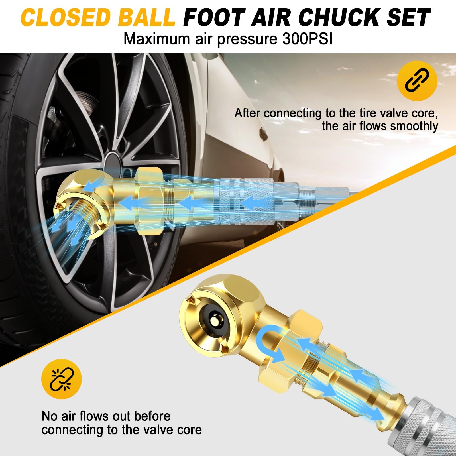 2Pcs Closed Air Chuck, 1/4" FNPT Portable Closed Flow Tire Chuck Inflator Nozzle
