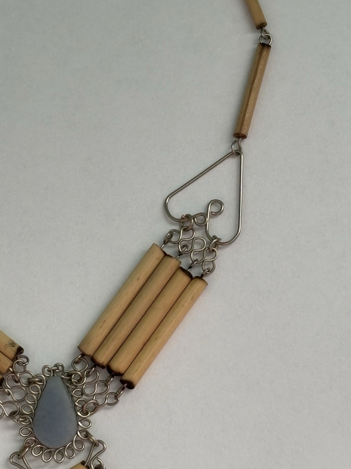 Blue Semi-Precious Stone Bamboo Silver Necklace 18"