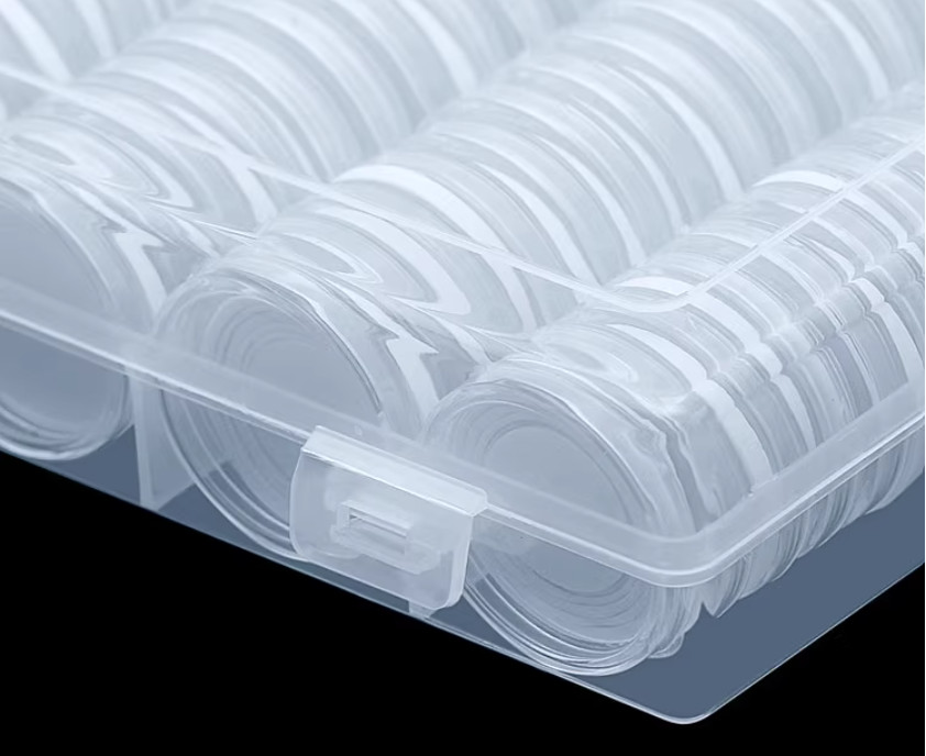 100 PCS 30mm Clear Round Coin Capsules Plastic Coin Holders & White Gaskets &Box