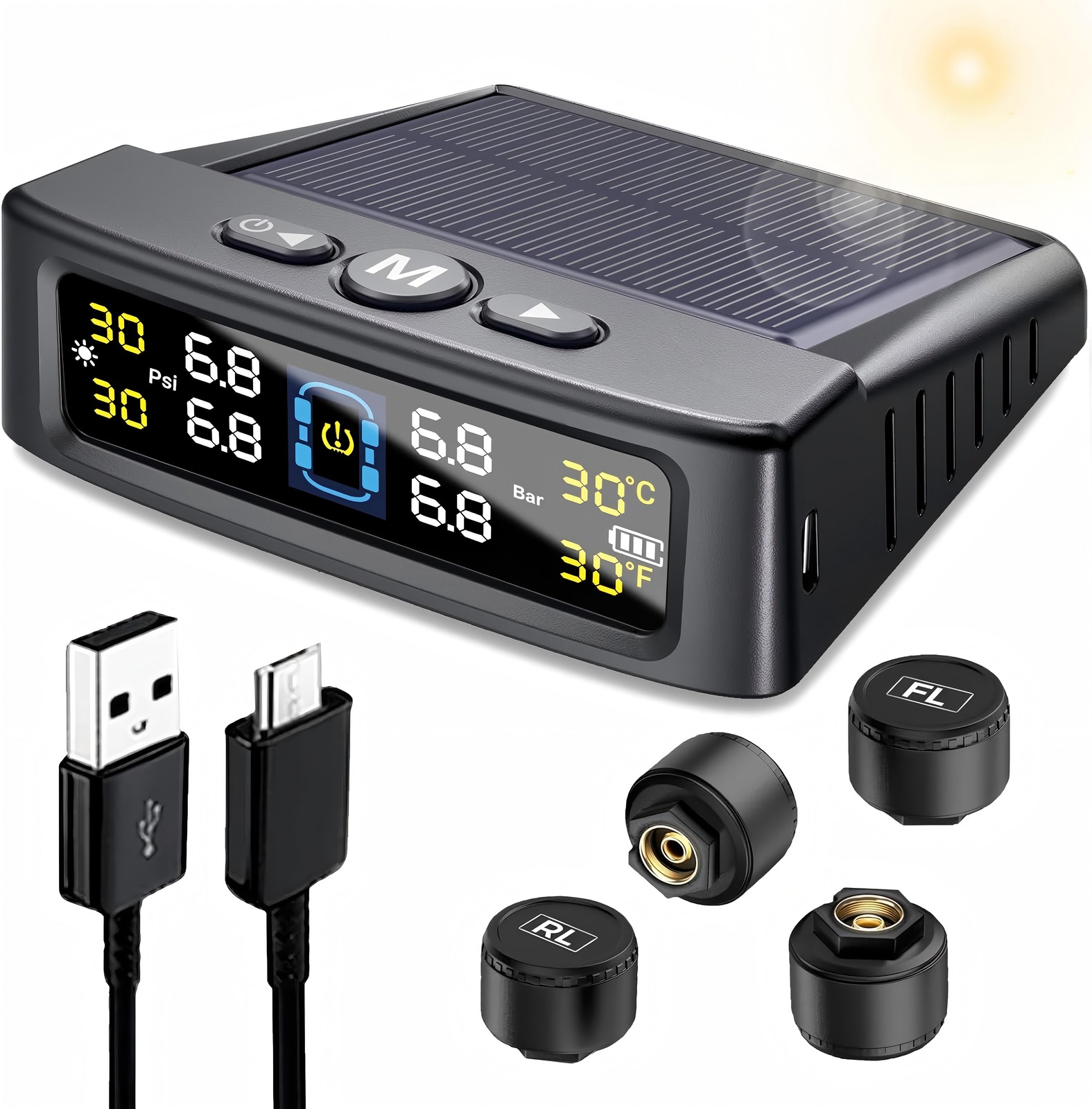 Wireless Solar TPMS LCD Car Tire Pressure Monitoring System + 4 External Sensors