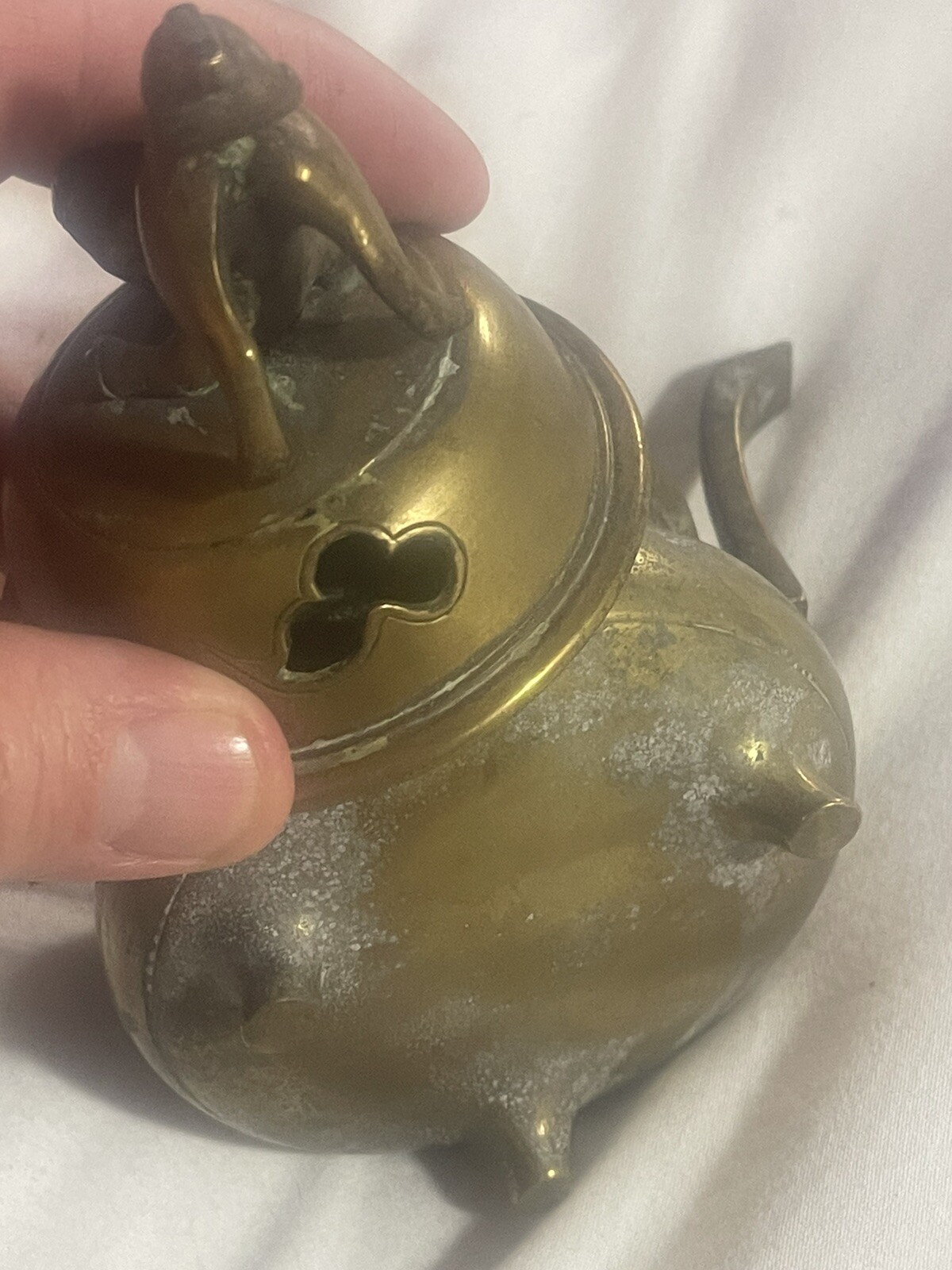 Antique Solid Brass Chinese Foo Dog Sensor Incense Burner Guardian Lion