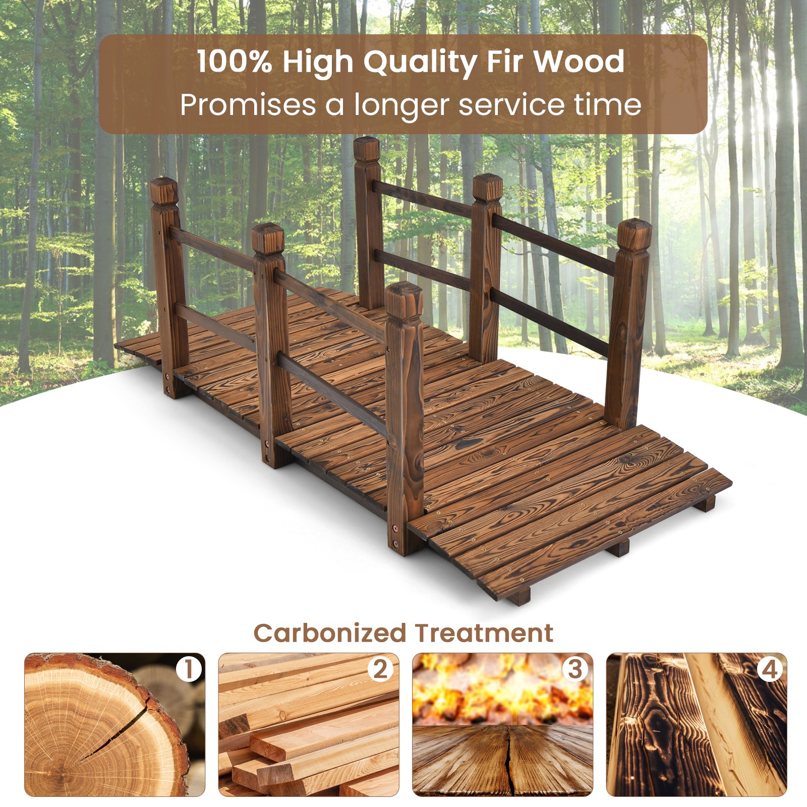 5 FT Wooden Garden Bridge Decorative Stained Finish Footbridge w/Safety Rails